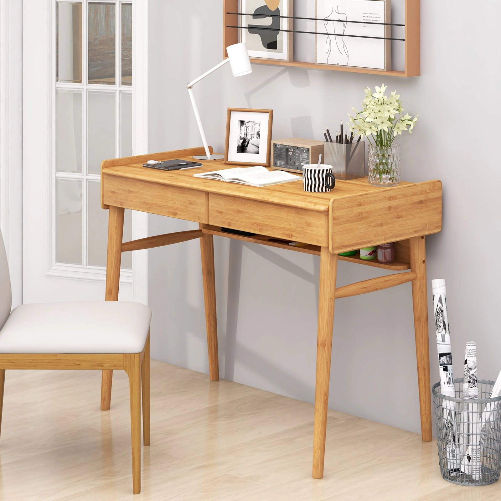 SlickBlue Wicker Computer Desk with 2 Drawers and Storage Shelf