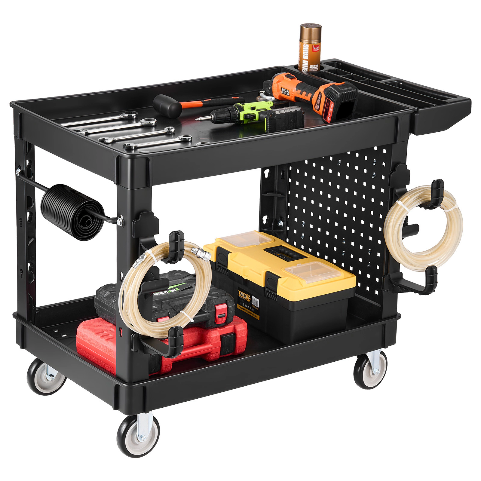 HONGGE Utility Cart 550 lbs Capacity 2 Tier Service Cart with 360° Swivel & Fixed Wheels 2 with Brakes Heavy Duty