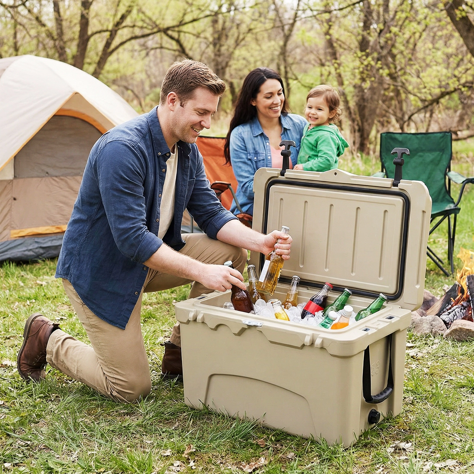 SUGIFT 45-qt Khaki Portable Hard Cooler Ice Chest with 6-Day Ice Retention Built-In Ruler and 2 Cup Holders