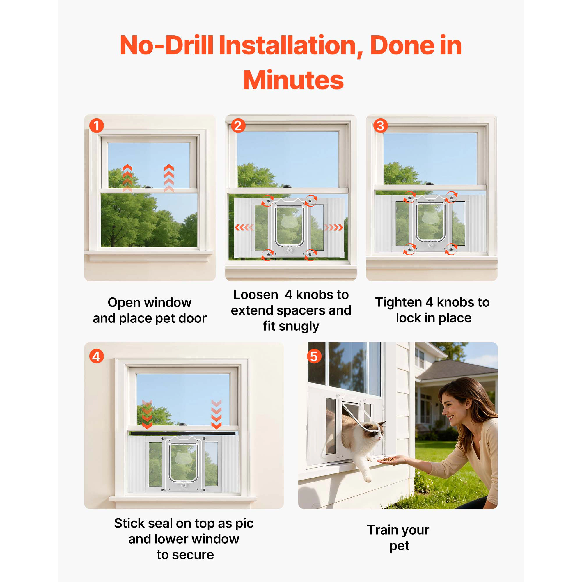 HONGGE Cat Door for Window Adjustable to Fit Window Width - 4 Secure Lock Modes Aluminum Frame and High-Transparency