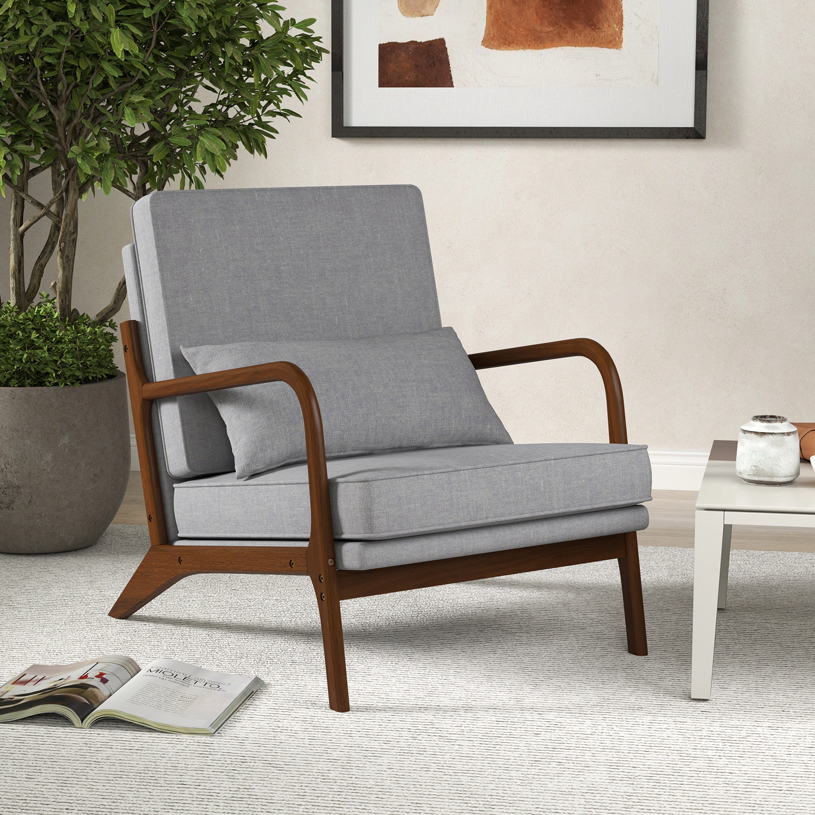 LJG Modern Accent Chair with Rubber Wood Armrests and Removable Back