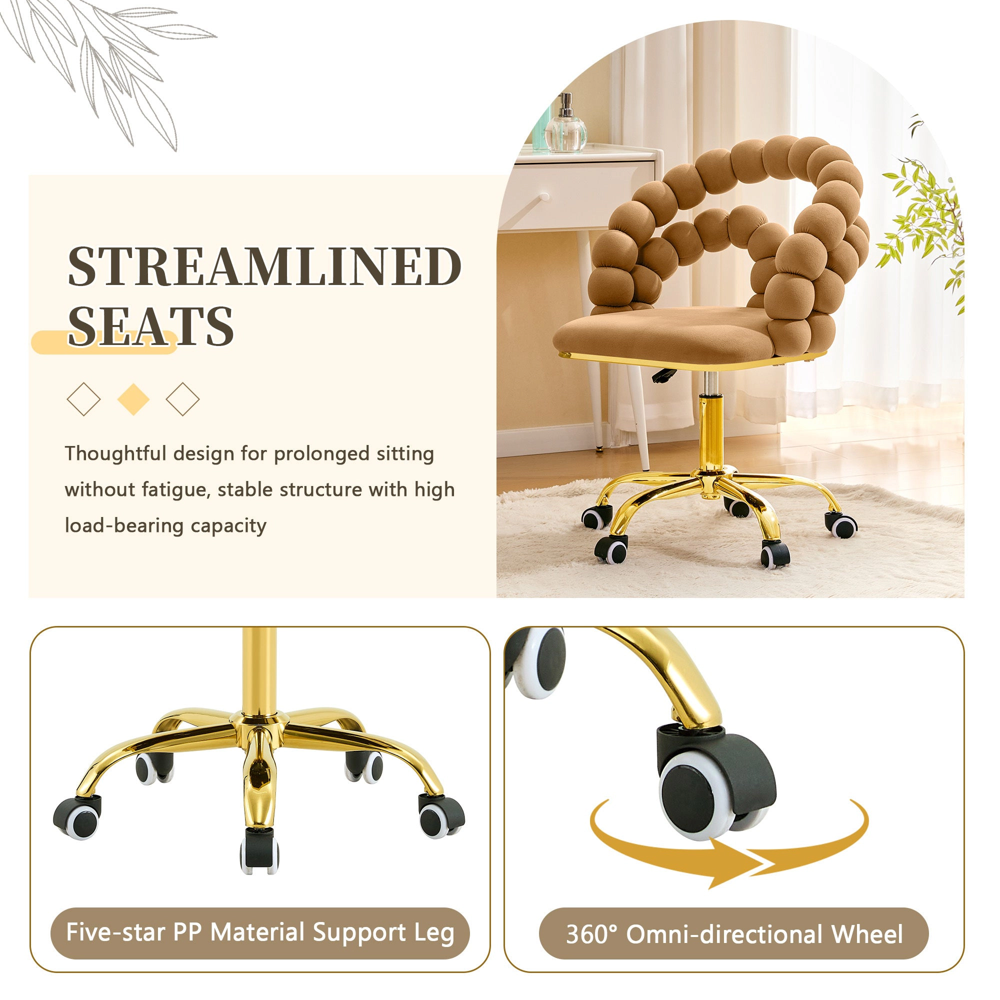 Platinum-Level Office Chairs Brown Velvet Ball Chain Bubble Vanity Chair with Gold Base