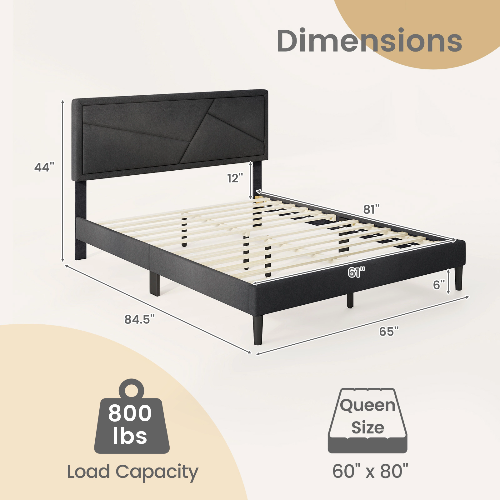 SUGIFT Queen Upholstered Platform Bed with Tall Headboard, Gray