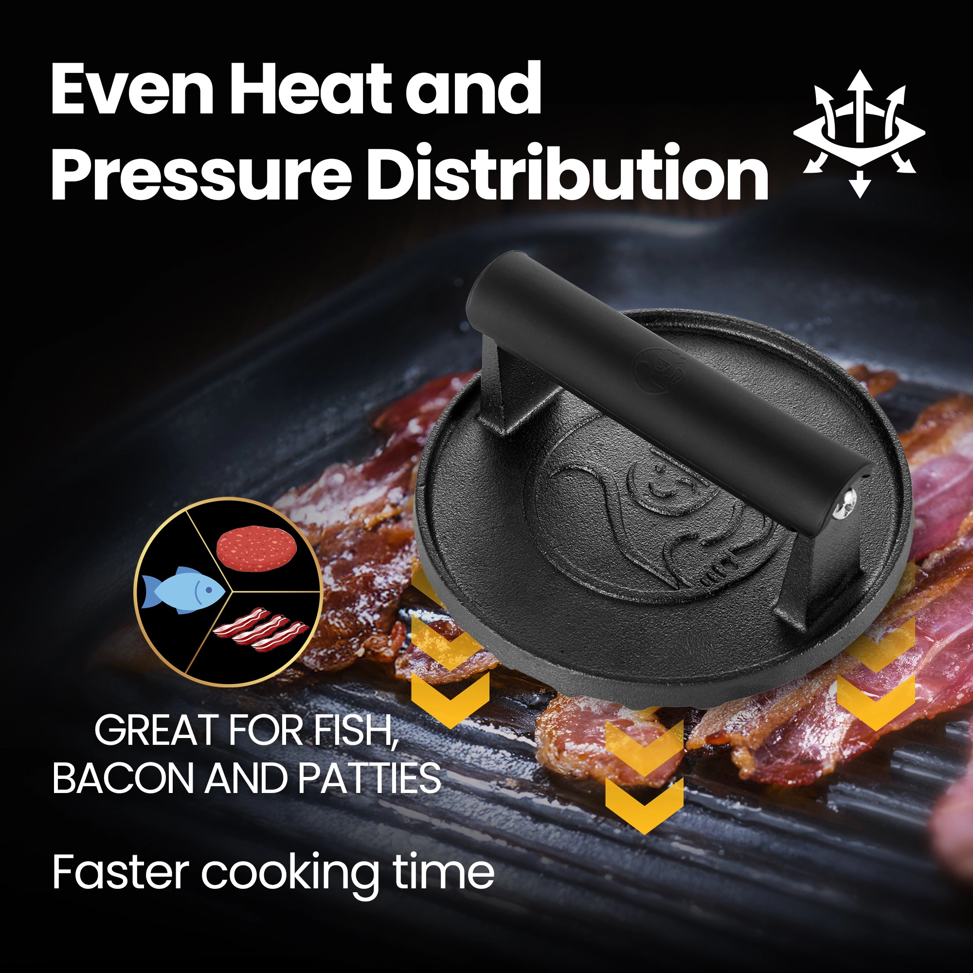 Gourmet Easy Smash Burger Press with Heat Resistant Handle, 2LBS Cast Iron Burger Smasher