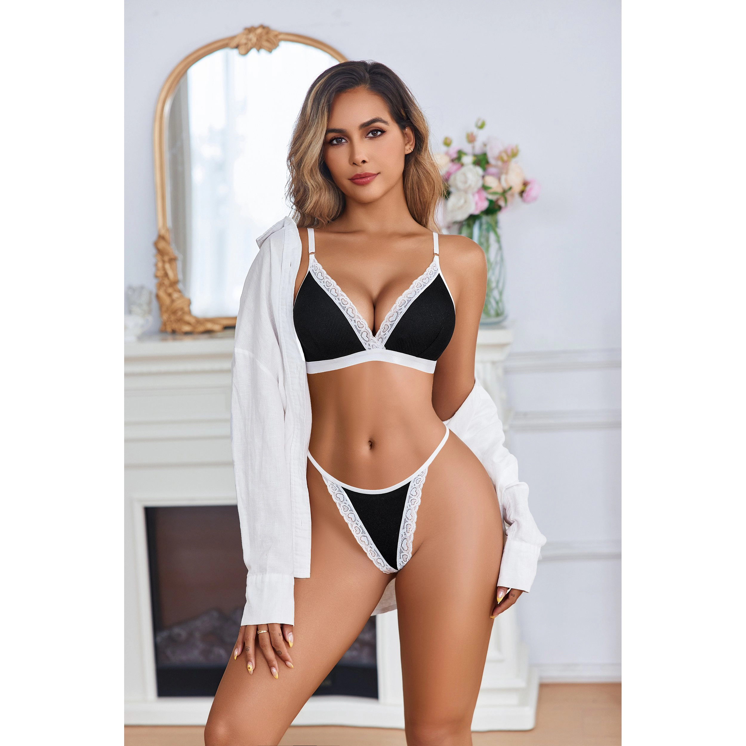 Avidlove Women's Lace Trim Bralette and Thong Set
