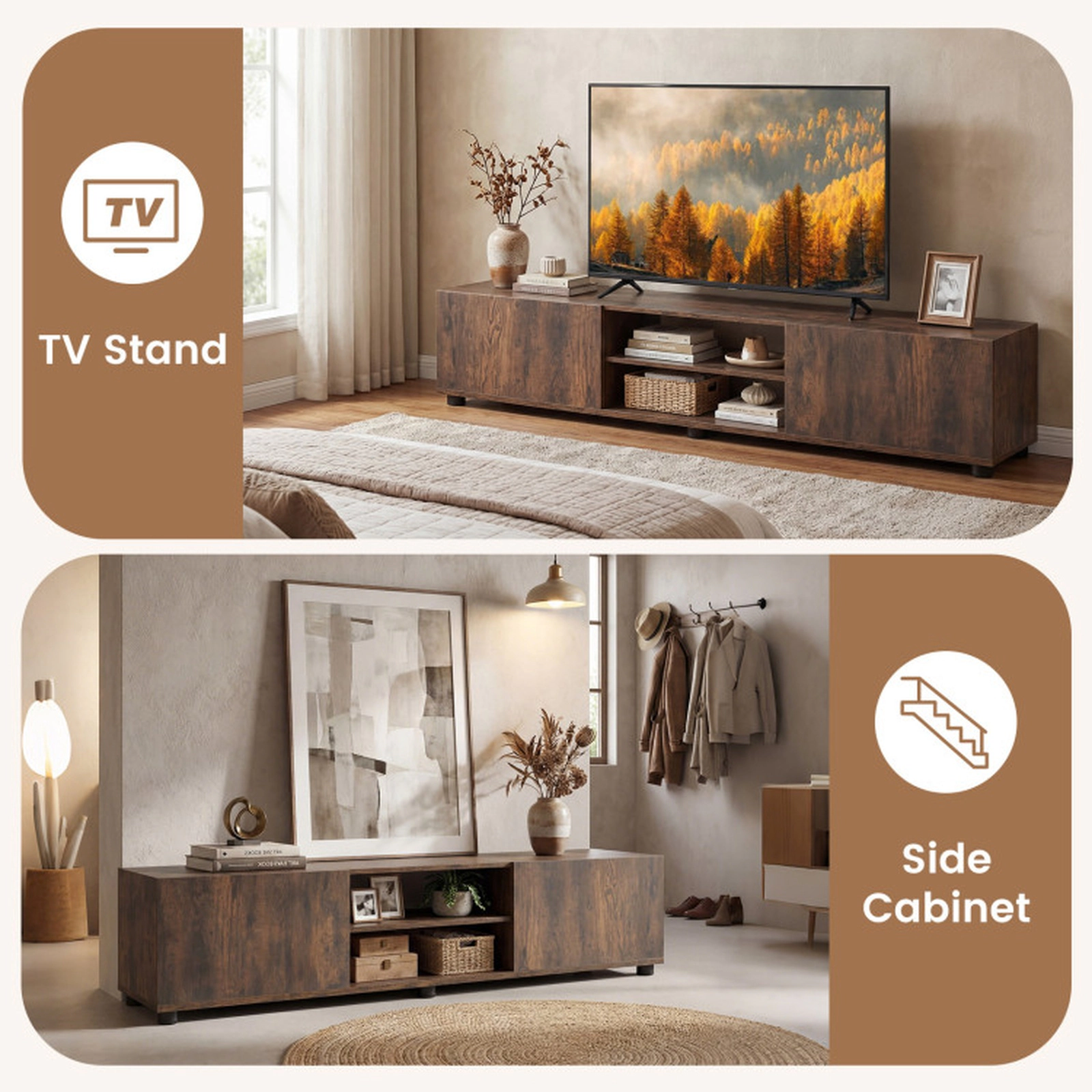 SUGIFT Modern TV Stand for up to 70 in TVs Minimalist Entertainment Center 155-lb Tabletop Capacity with 2 Doors & Open