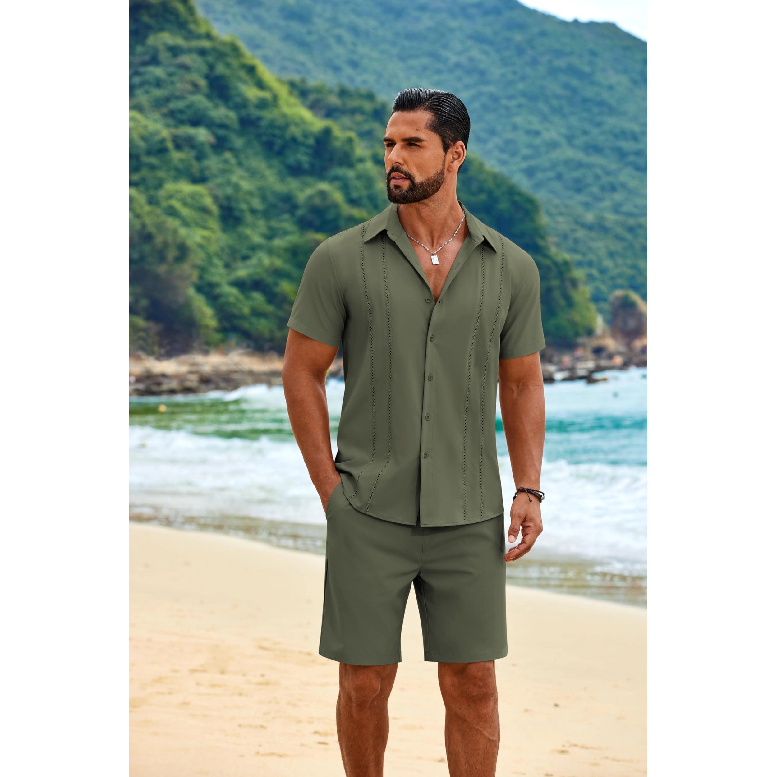 COOFANDY Mens Short Sleeve Button Down Shirts  Casual Pintuck Tops Shorts Set
