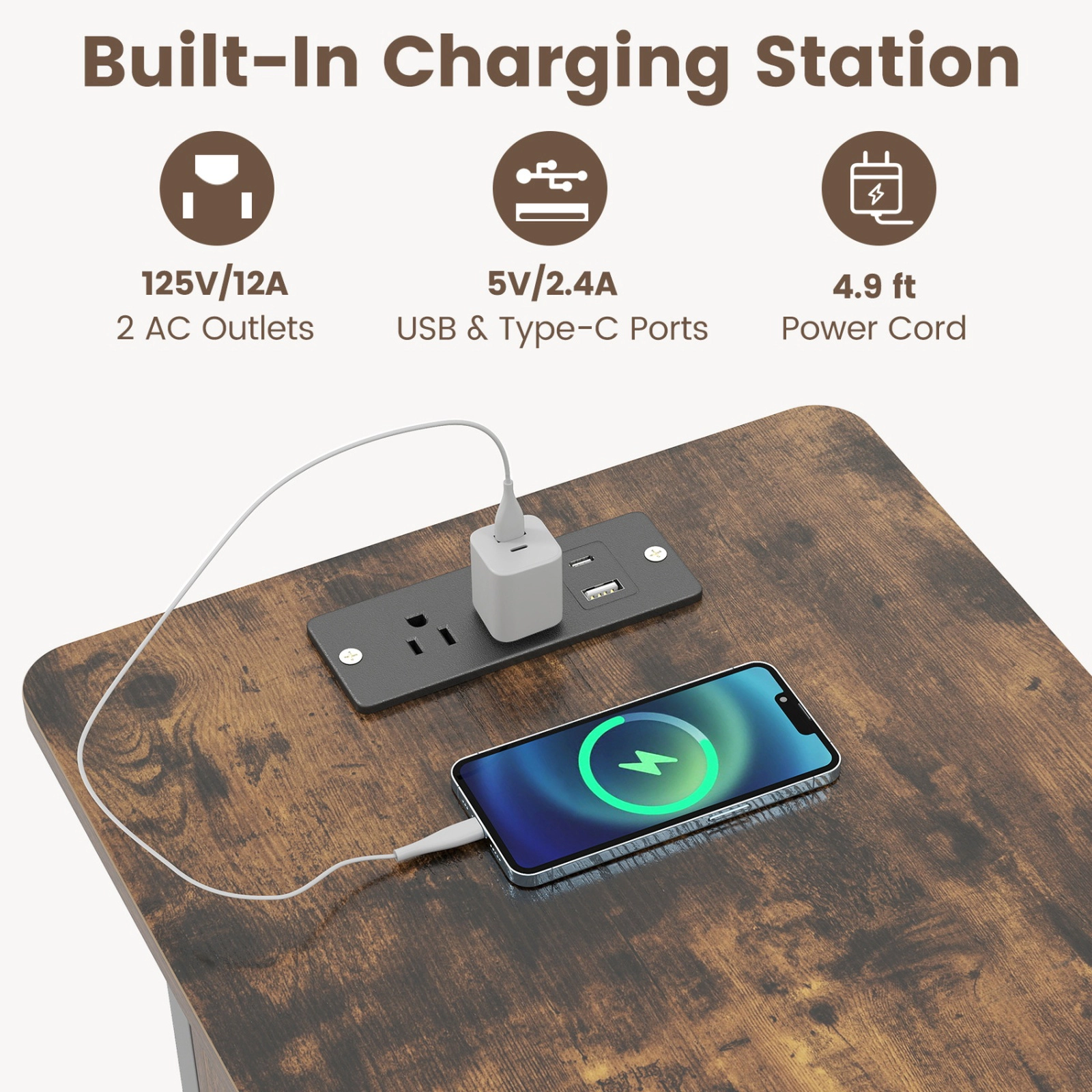 SUGIFT Set of 2 End Tables with Charging Station Hidden Compartment 66-Lb Tabletop Rustic Brown & Black