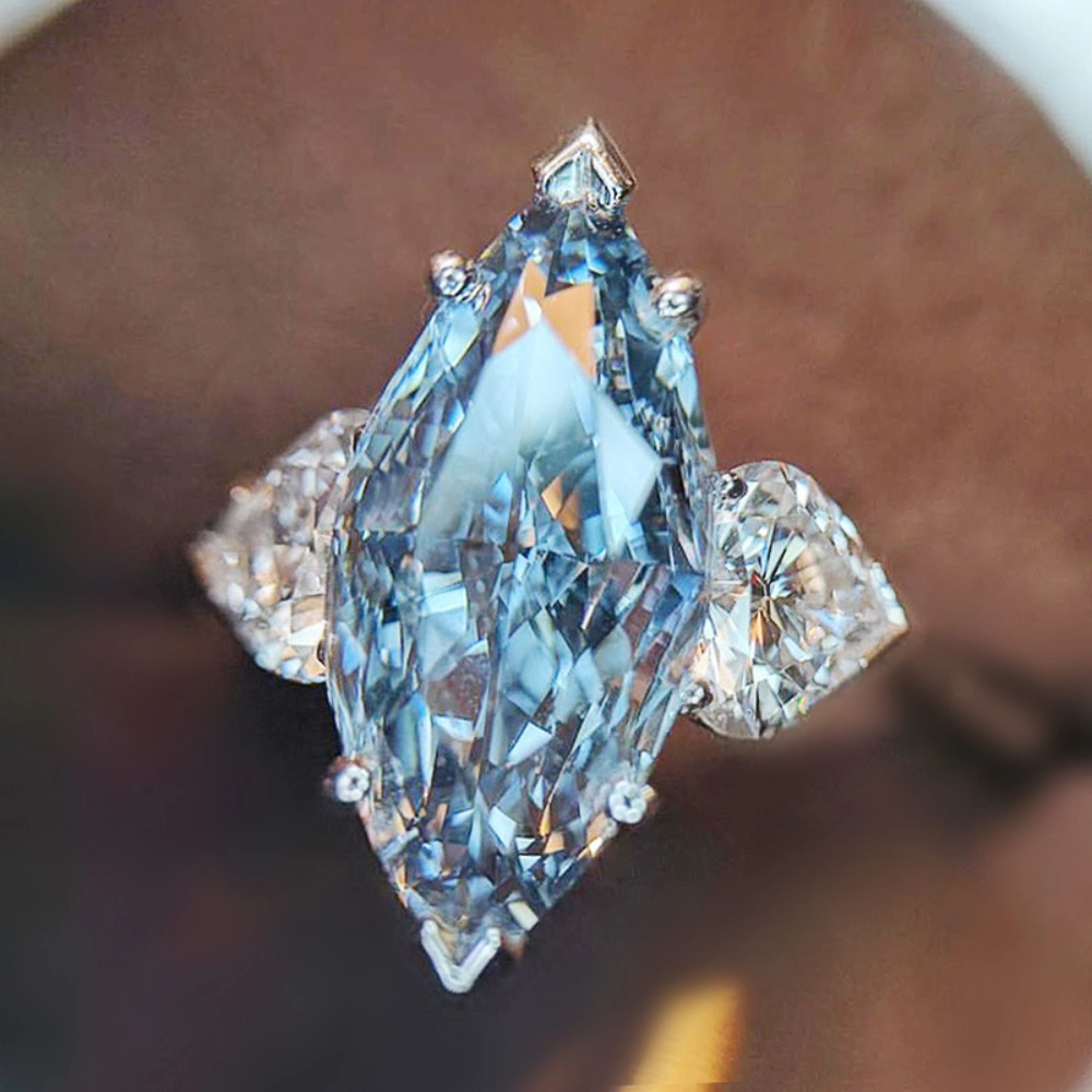 Wardrobe Whimsy Marquise Cut Blue Cubic Zirconia Three Stone Statement Ring for Women