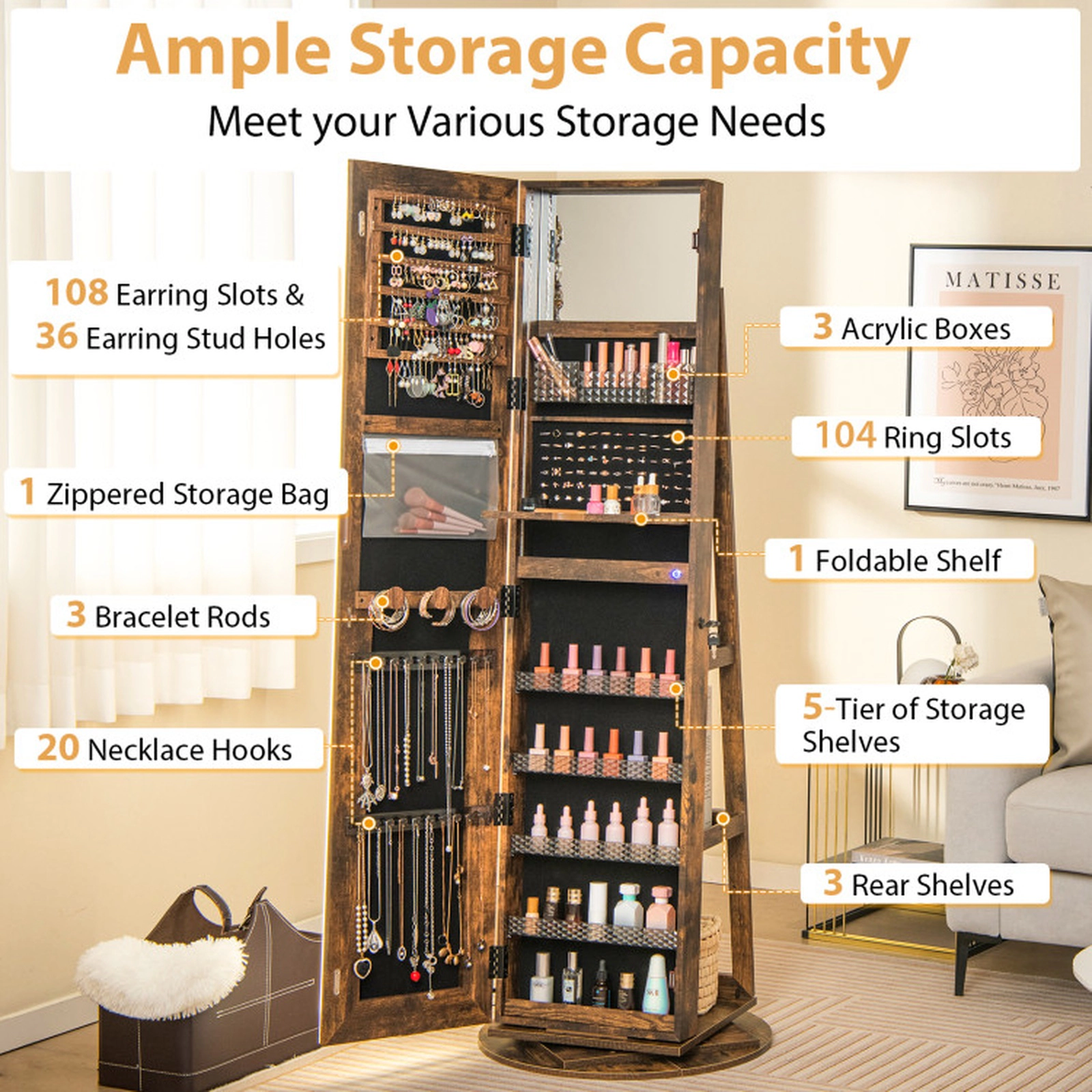 SUGIFT Standing Jewelry Cabinet Armoire LED Full-Length Mirror Makeup Mirror Rotating Base 21.5 x 21.5 x 63-in Coffee