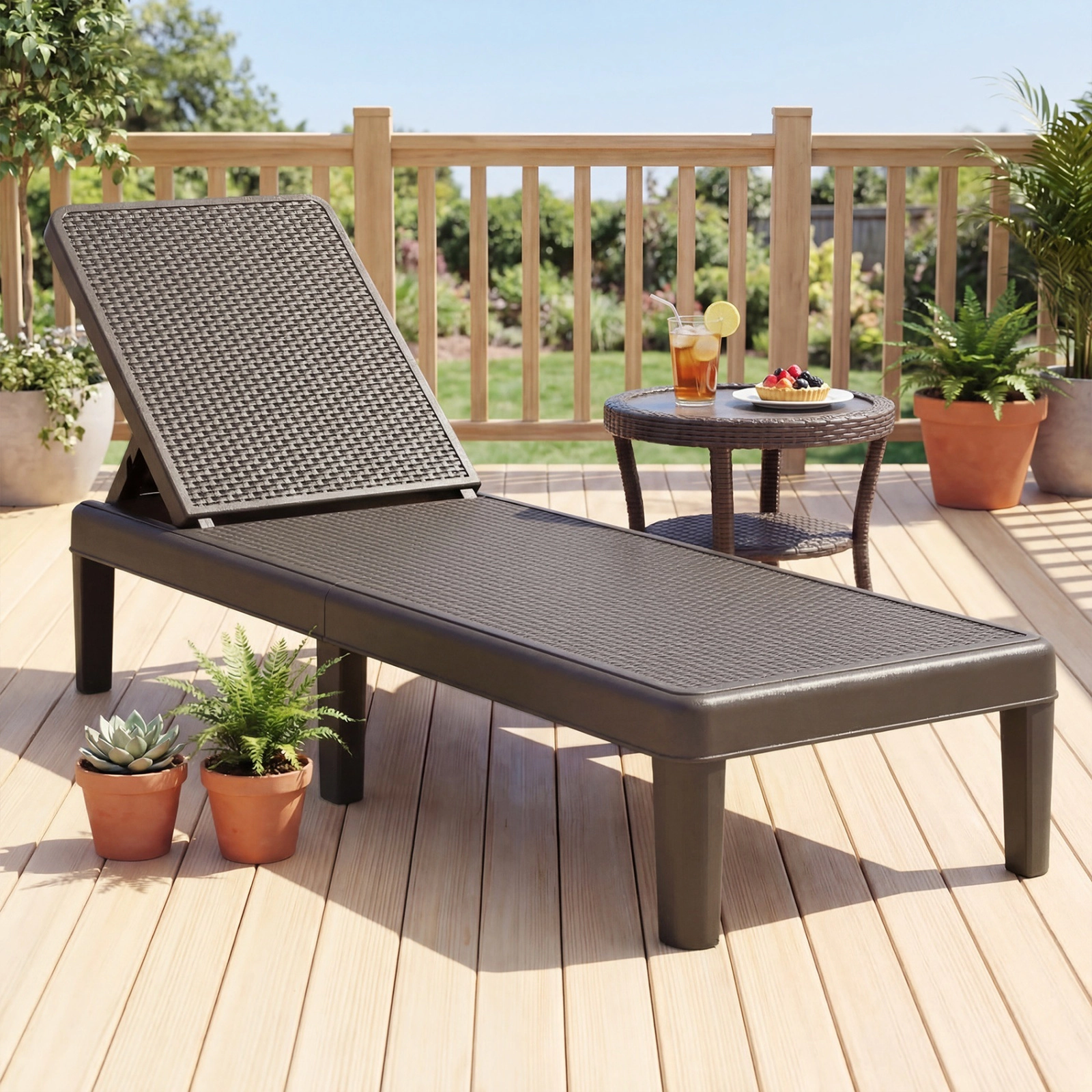 SUGIFT Outdoor Chaise Lounge Chair, Brown PP Rattan Texture, 4-Position Backrest, 6-Leg Frame