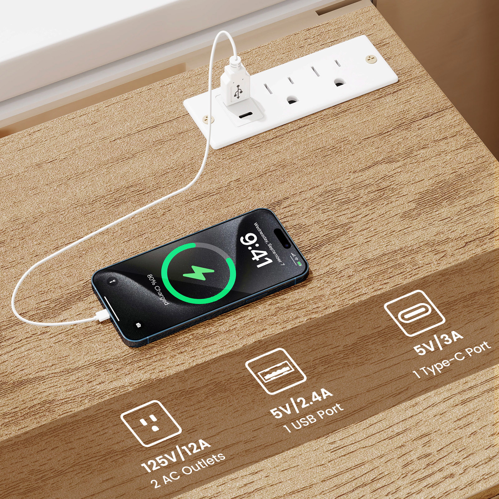 Glintex 2-Piece Nightstand Set with Charging Station 3 Drawers and Anti-Toppling Devices