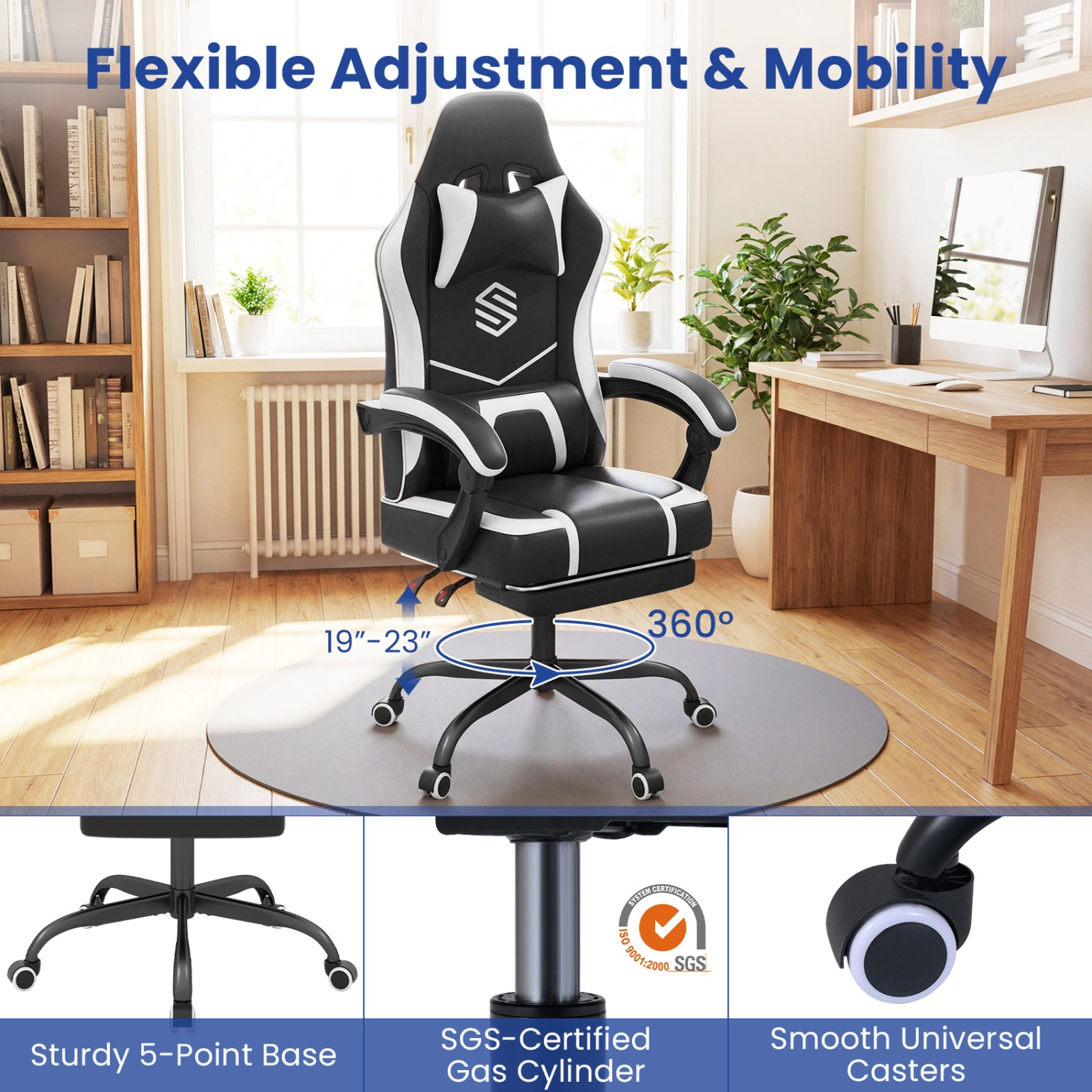 SUGIFT Ergonomic Gaming Computer Chair with Headrest and Lumbar Support 330-Lb Capacity 24.5-in Wide Seat Black