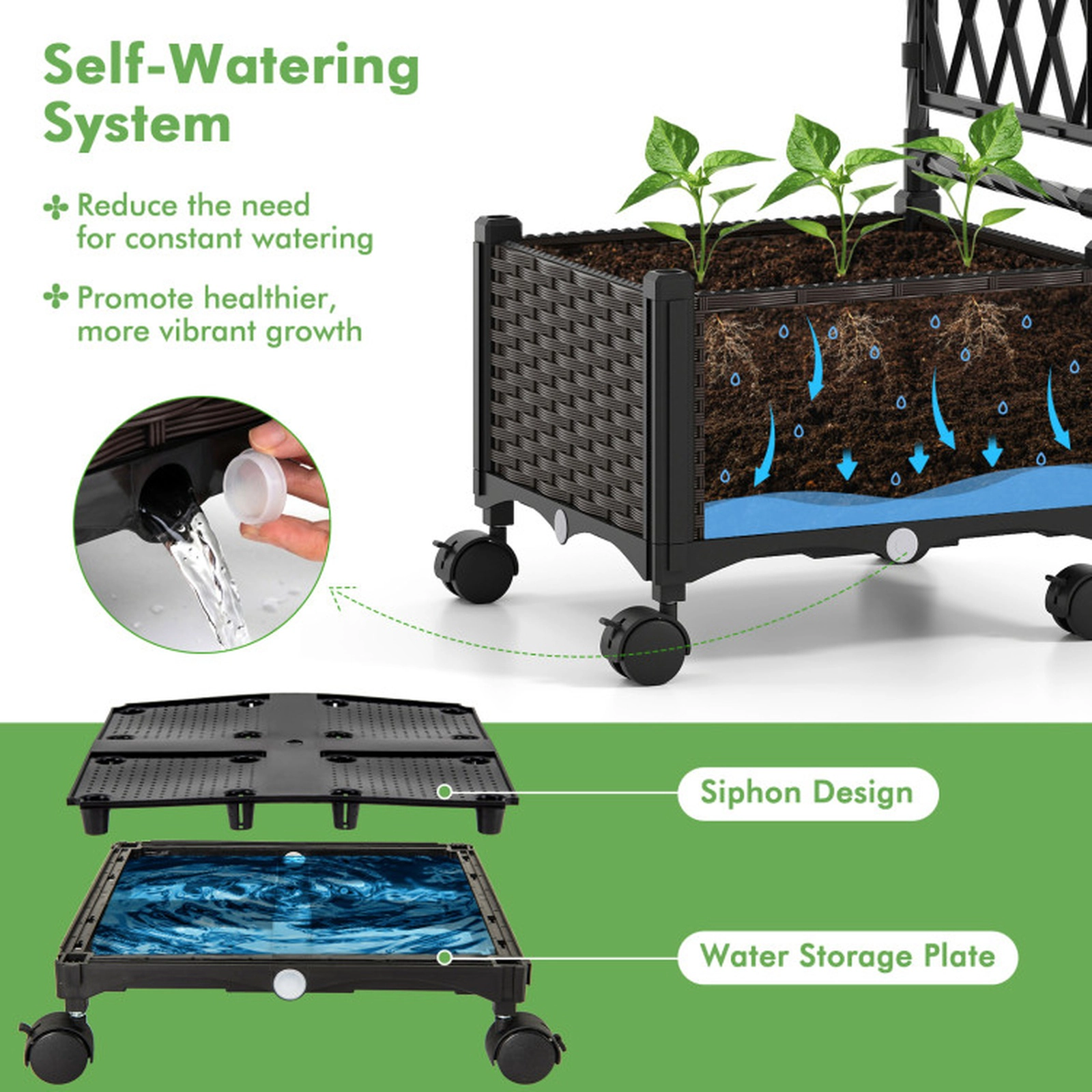 SUGIFT 5-Ft Brown Raised Garden Bed with Lattice Trellis and 2 Self-Watering Planter Boxes 41-in W 16-in D 58-in H