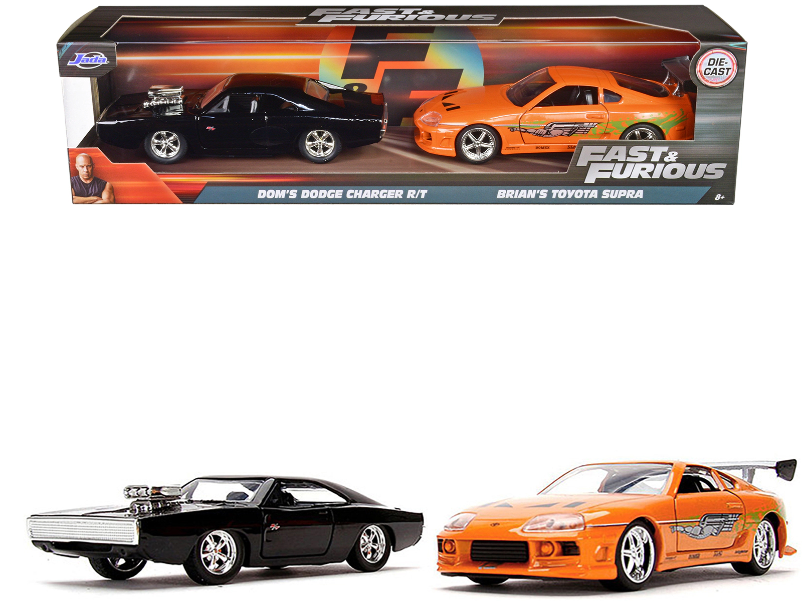 Jada Dom's Dodge Charger R/T Black and Brian's Toyota Supra Orange Set of 2 pieces "Fast & Furious" Series