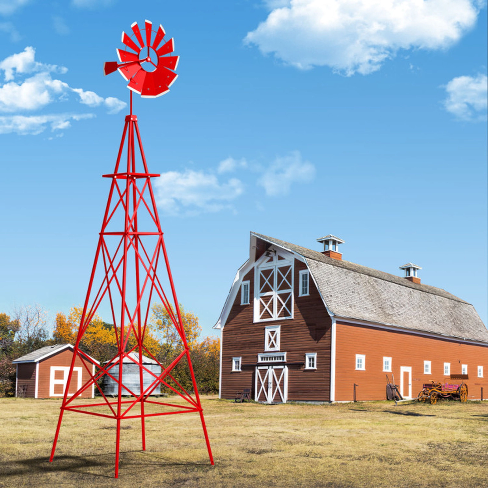 SUGIFT 8-ft Red Metal Garden Windmill Weathervane with 12 Rotating Blades 26.5-in W 26.5-in D 100-in H