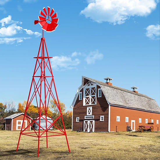 SUGIFT 8-ft Red Metal Garden Windmill Weathervane with 12 Rotating Blades 26.5-in W 26.5-in D 100-in H