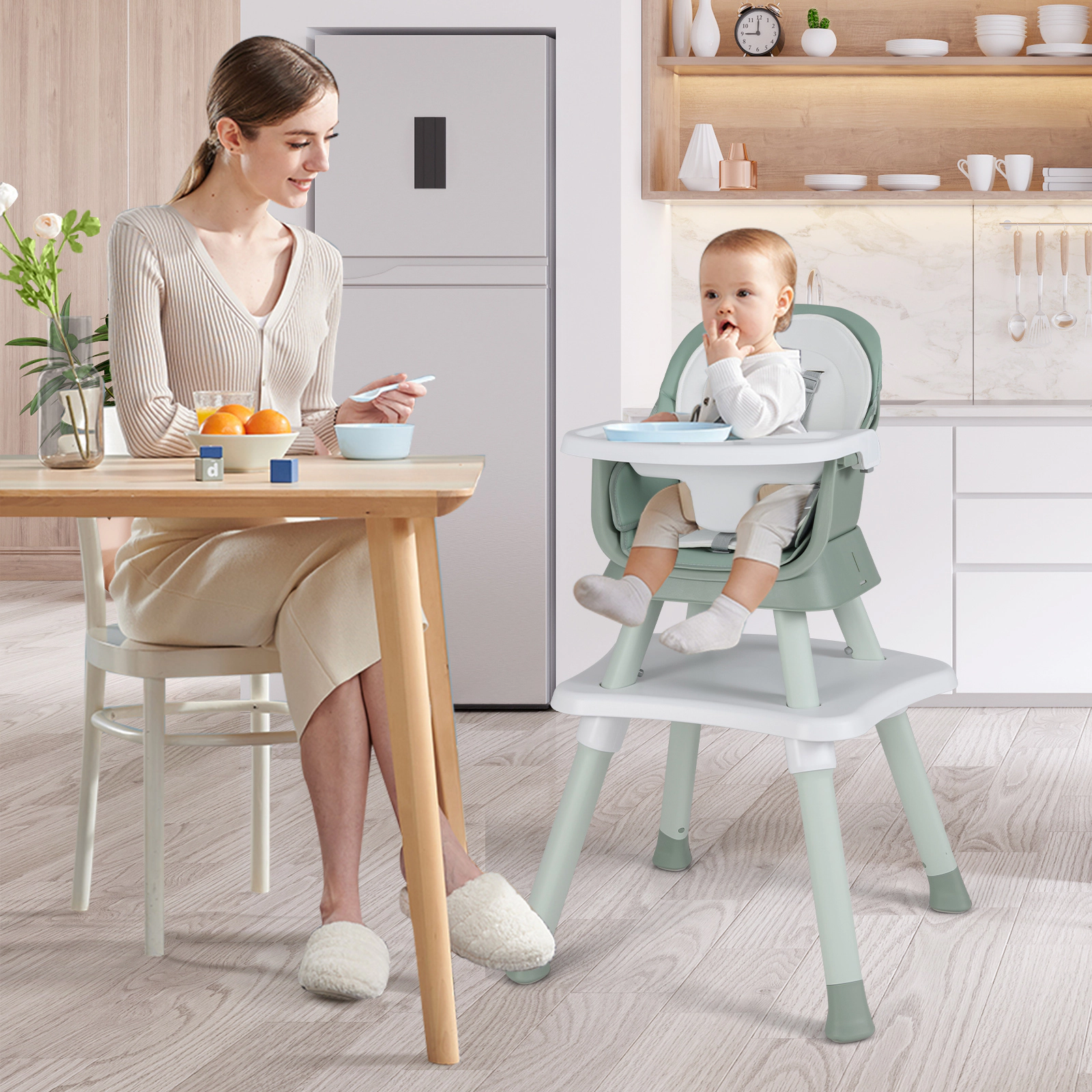 Easy-Clean 6-in-1 Baby Highchair Dishwasher-Safe BPA-Free Tray Removable Cushion Anti-Falling Barrier Green