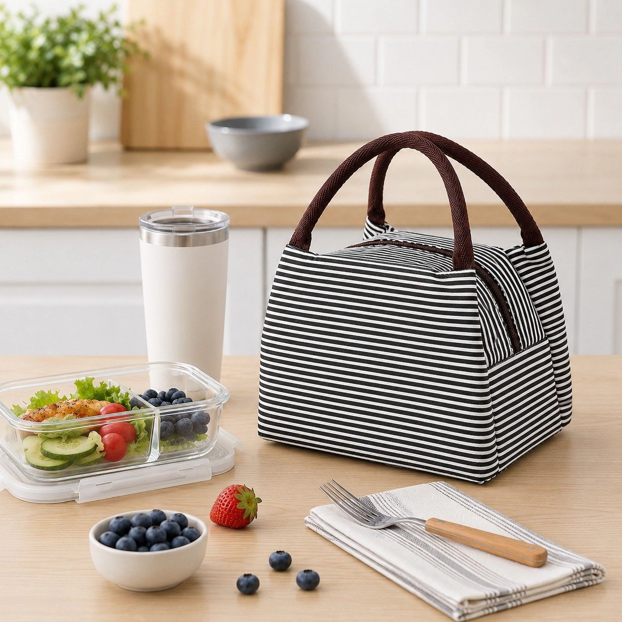 Alilang Women's Insulated Striped Lunch Bag Reusable Soft Cooler Tote for Work School Picnic, BLue Stripe