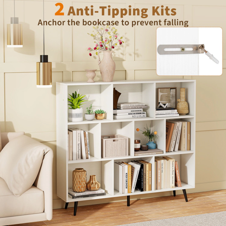 Hivvago Mid-Century Cube Bookcase – Compartments, Off White Storage Shelf with Metal Legs