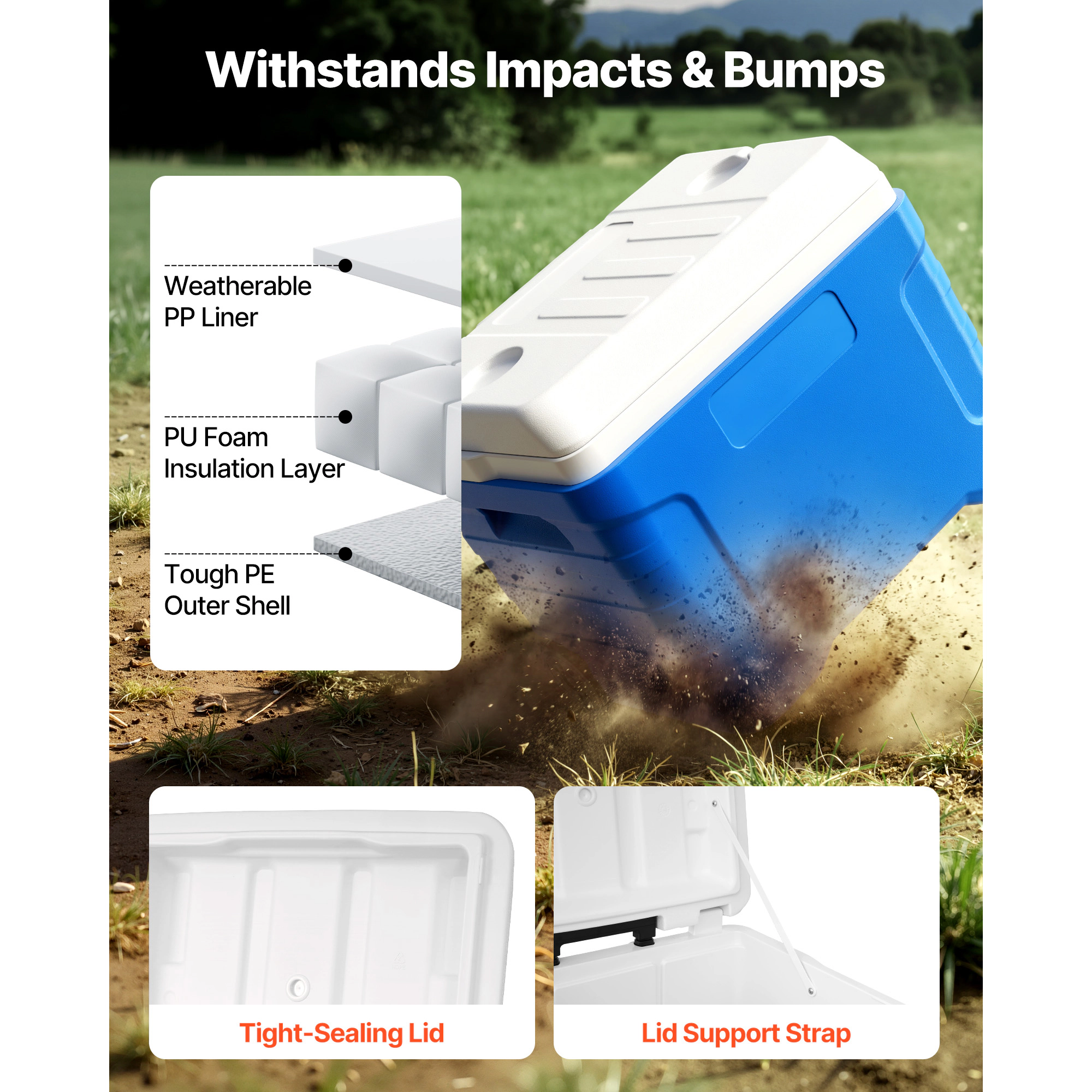HONGGE 45-Quart Rolling Hard Cooler with Wheels, Leak-Resistant Ice Chest Holds 50 Cans for Camping and Grilling