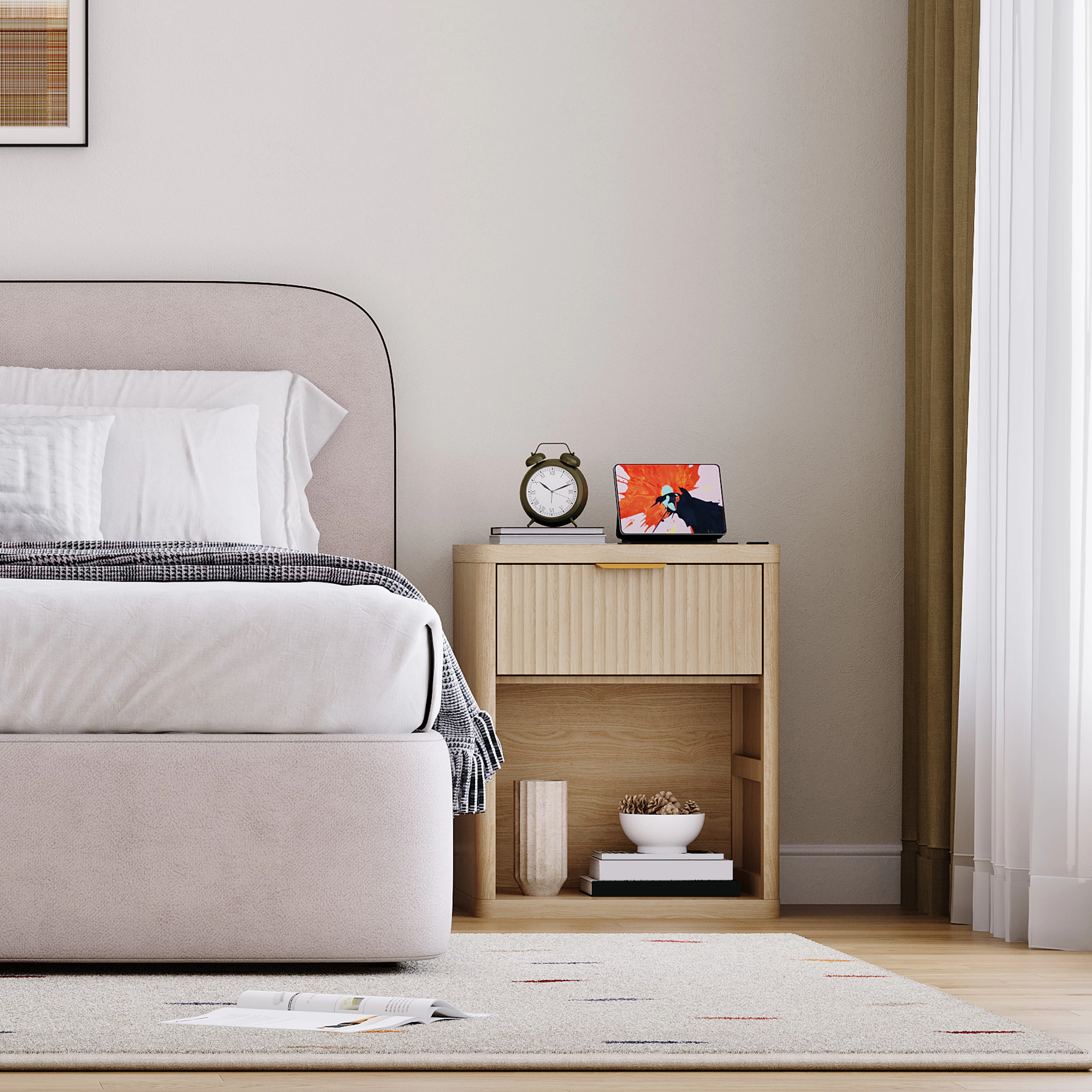 BebreezChic Farmhouse Natural Wood Grain Storage Bedroom Bedside Table