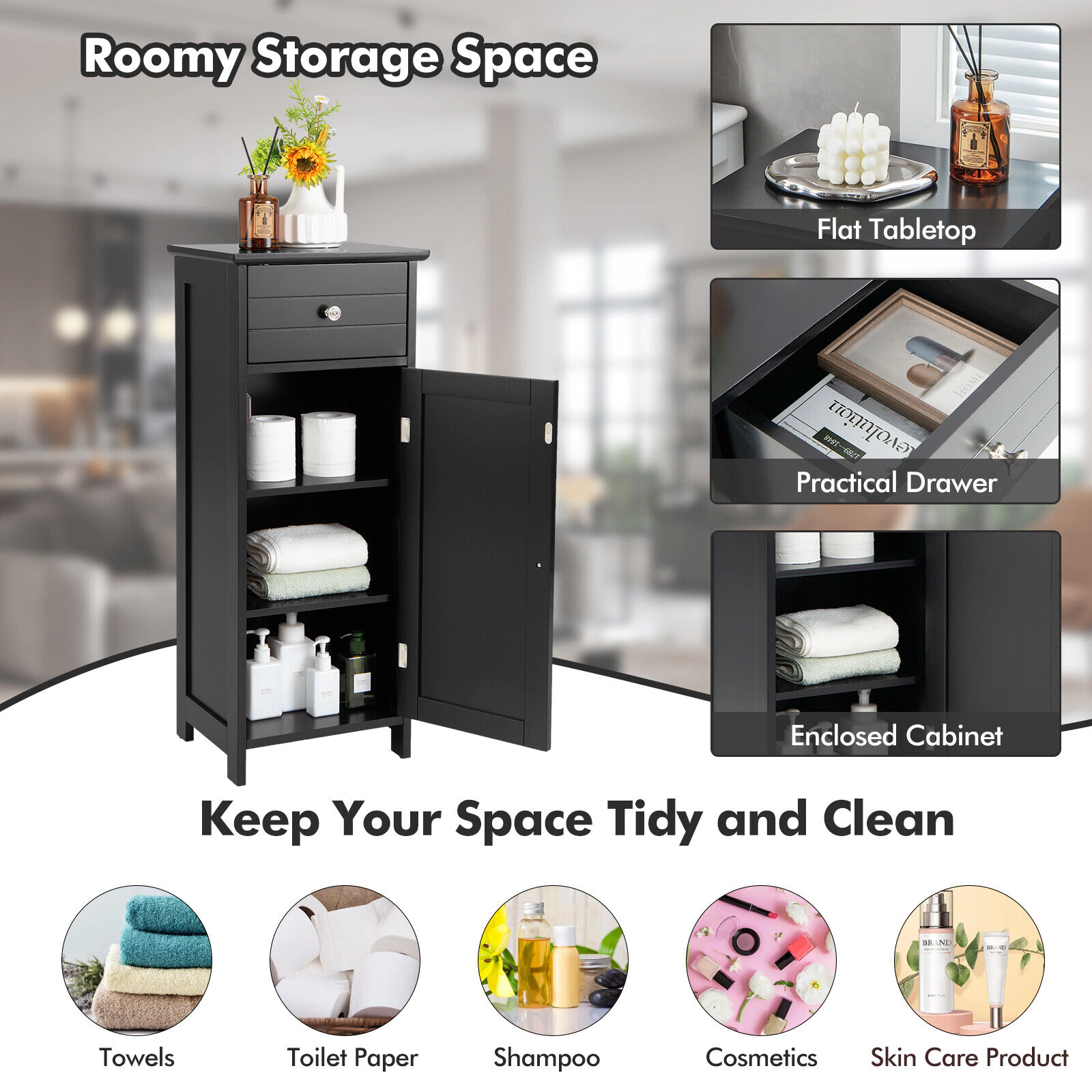 Glintex Wooden Bathroom Cabinet with Drawer 2 Shelves and Anti-Slip Foot Pads