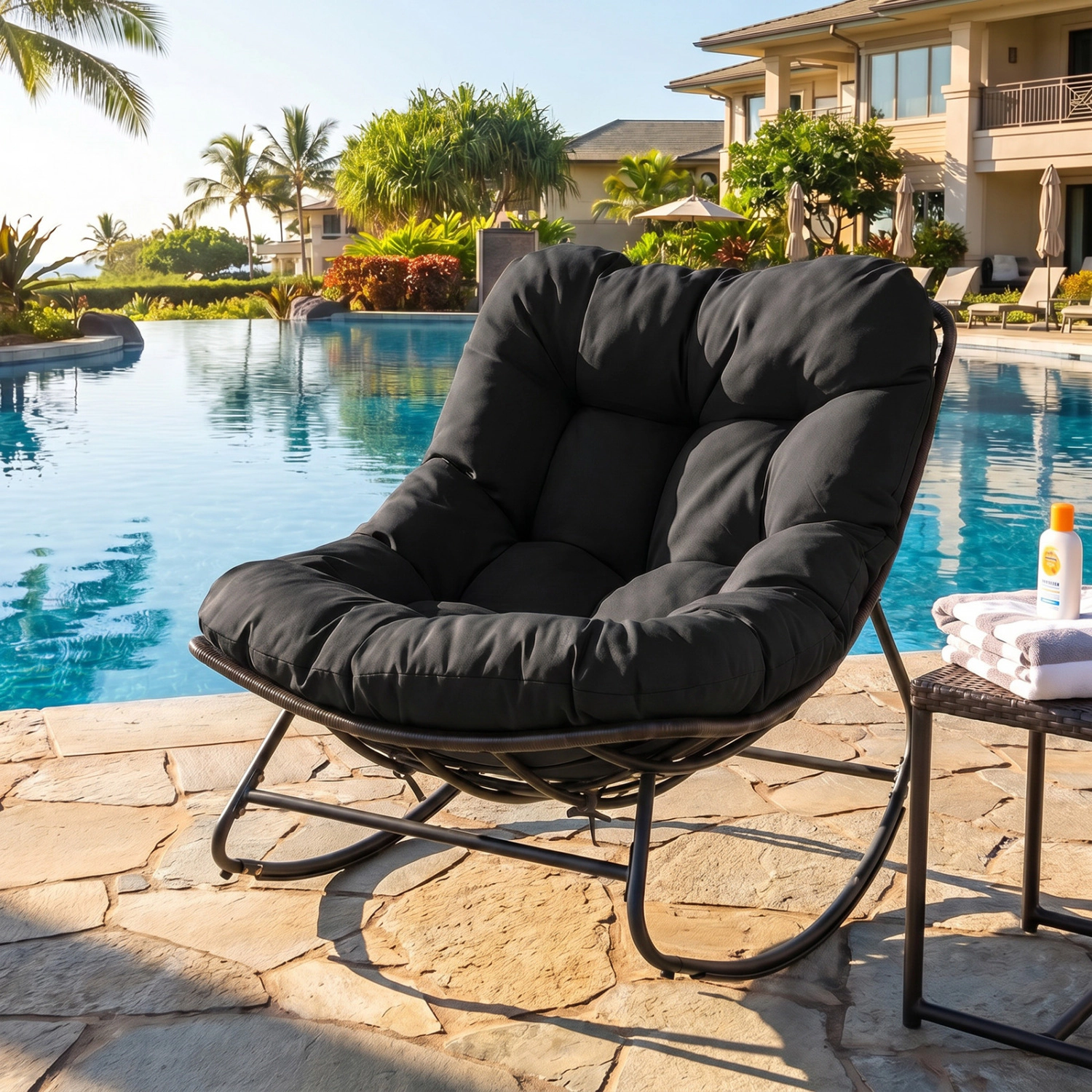 LJG Outdoor Papasan Rocking Chair with Thick Cushion and Pads