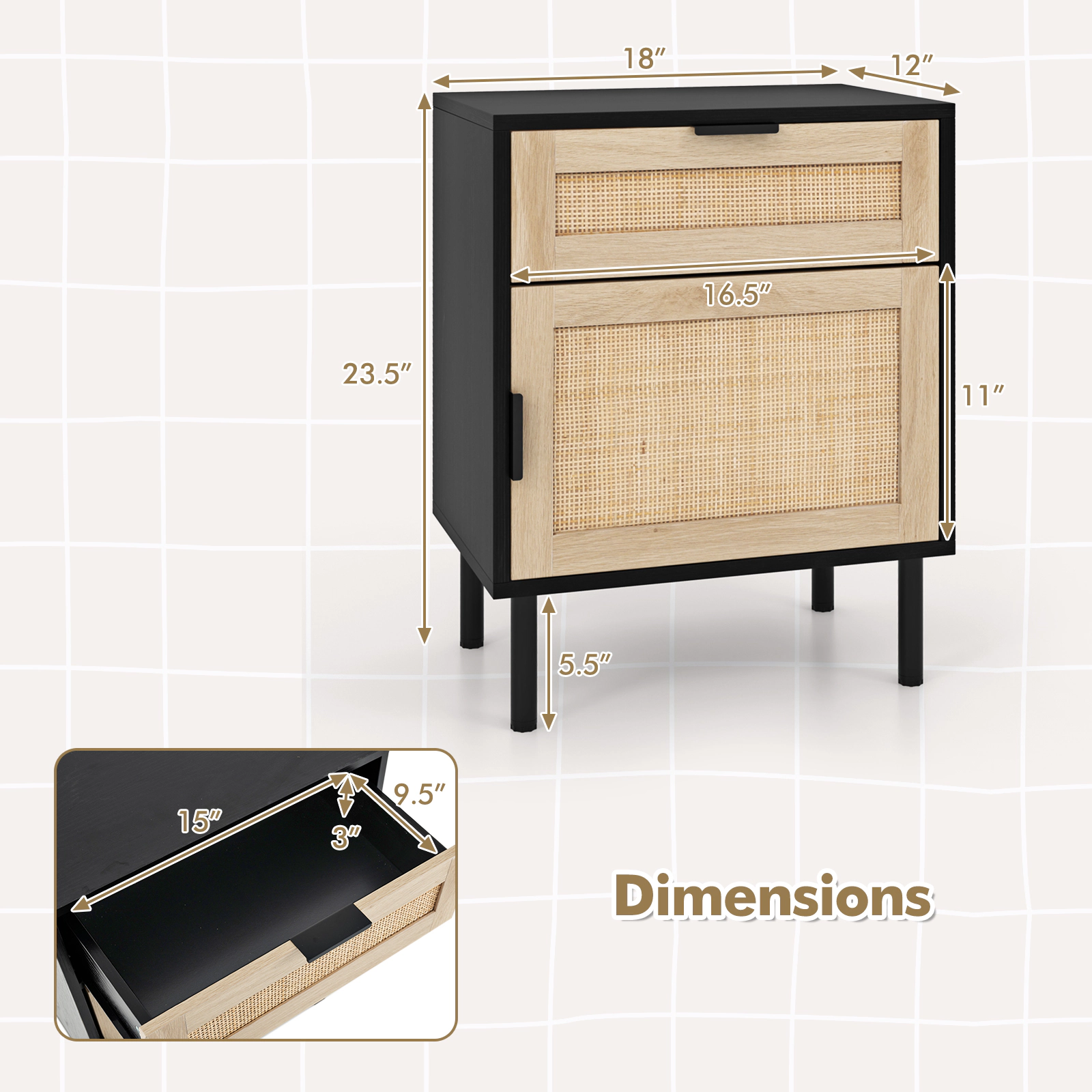 Hivvago Rattan Nightstand Set of 2 with Drawer and Cabinet