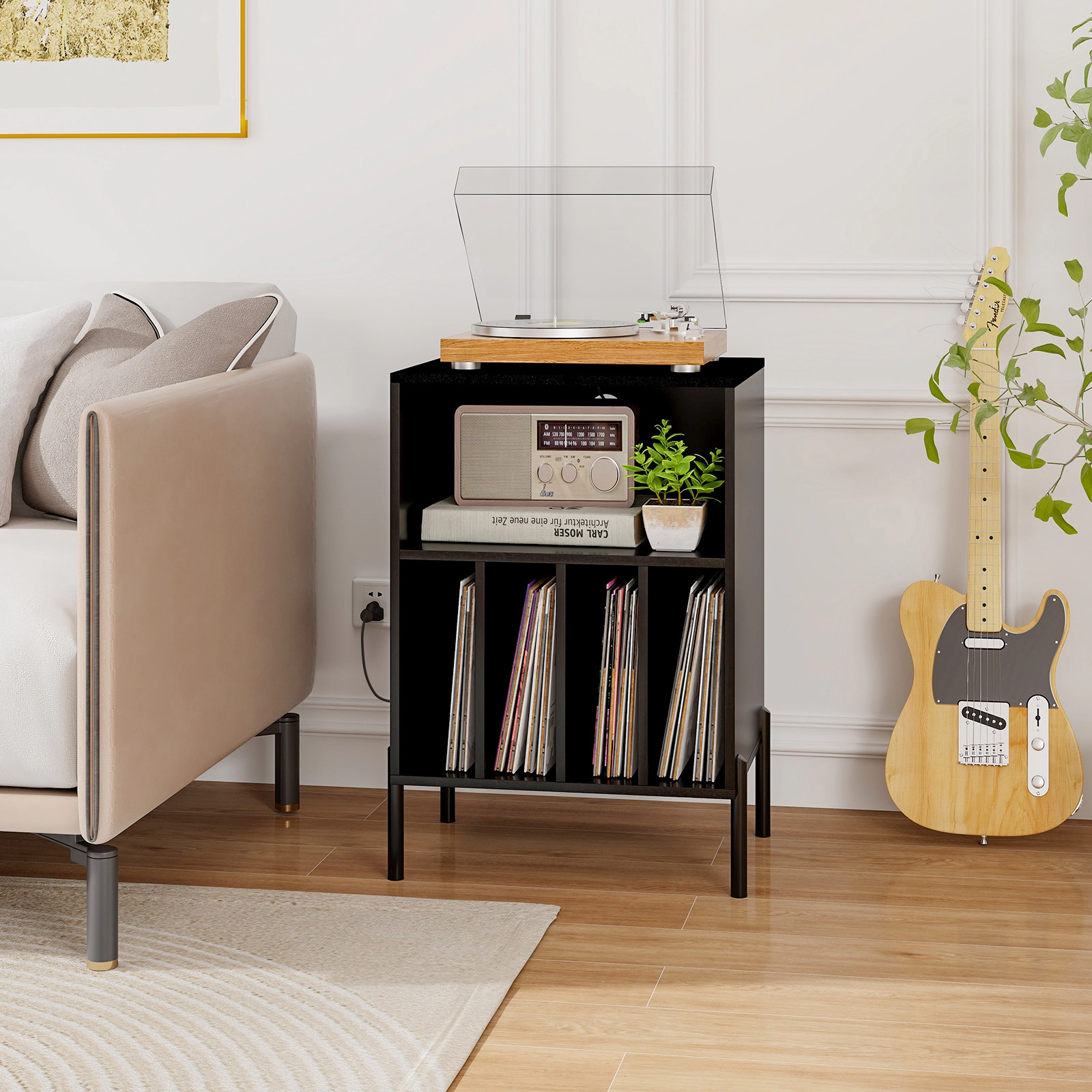 Glintex Record Player Stand with 4 Album Dividers Charging Station and Anti-Tip Kit