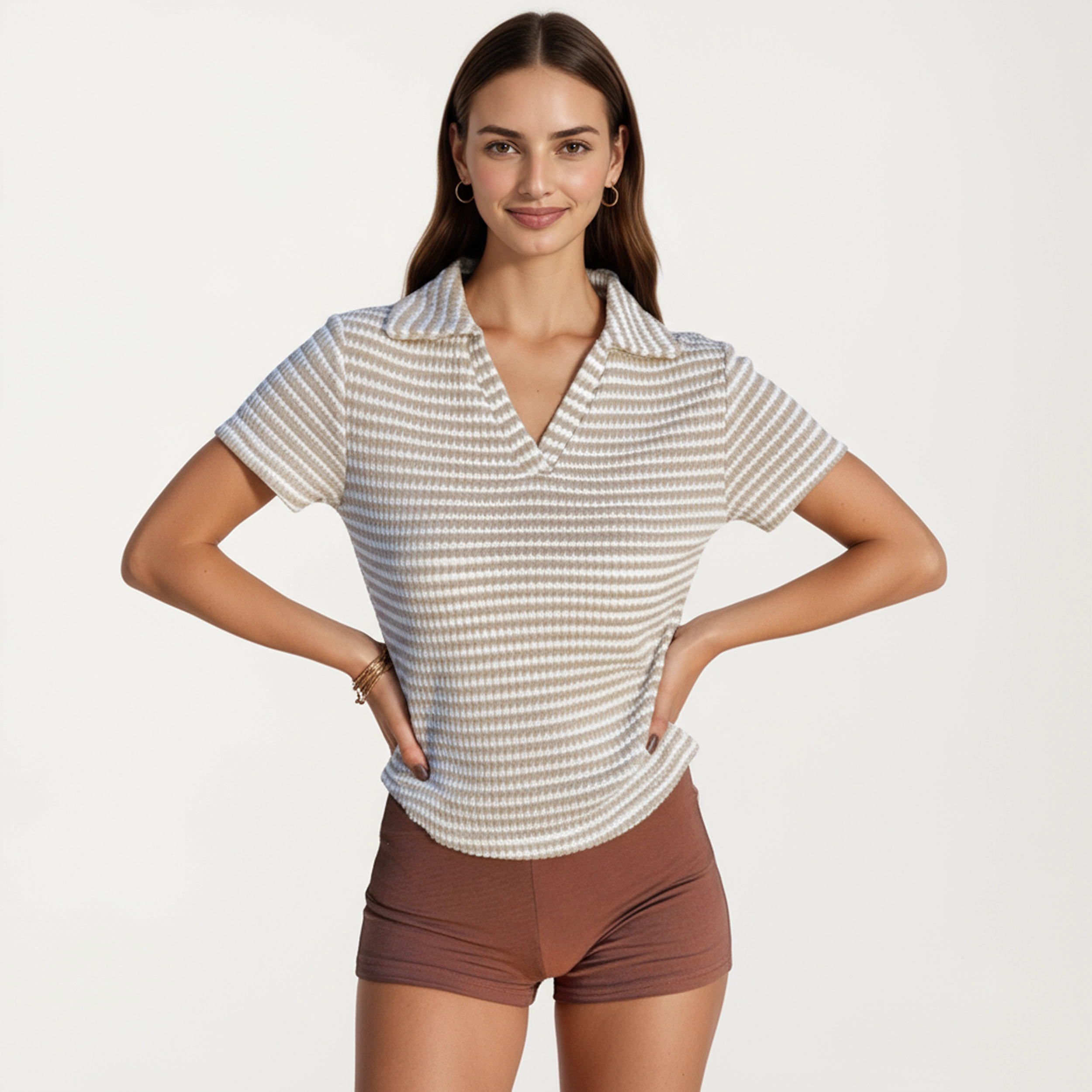 Anna-Kaci Women's Striped V-Neck Collared Short Sleeve Knit Top