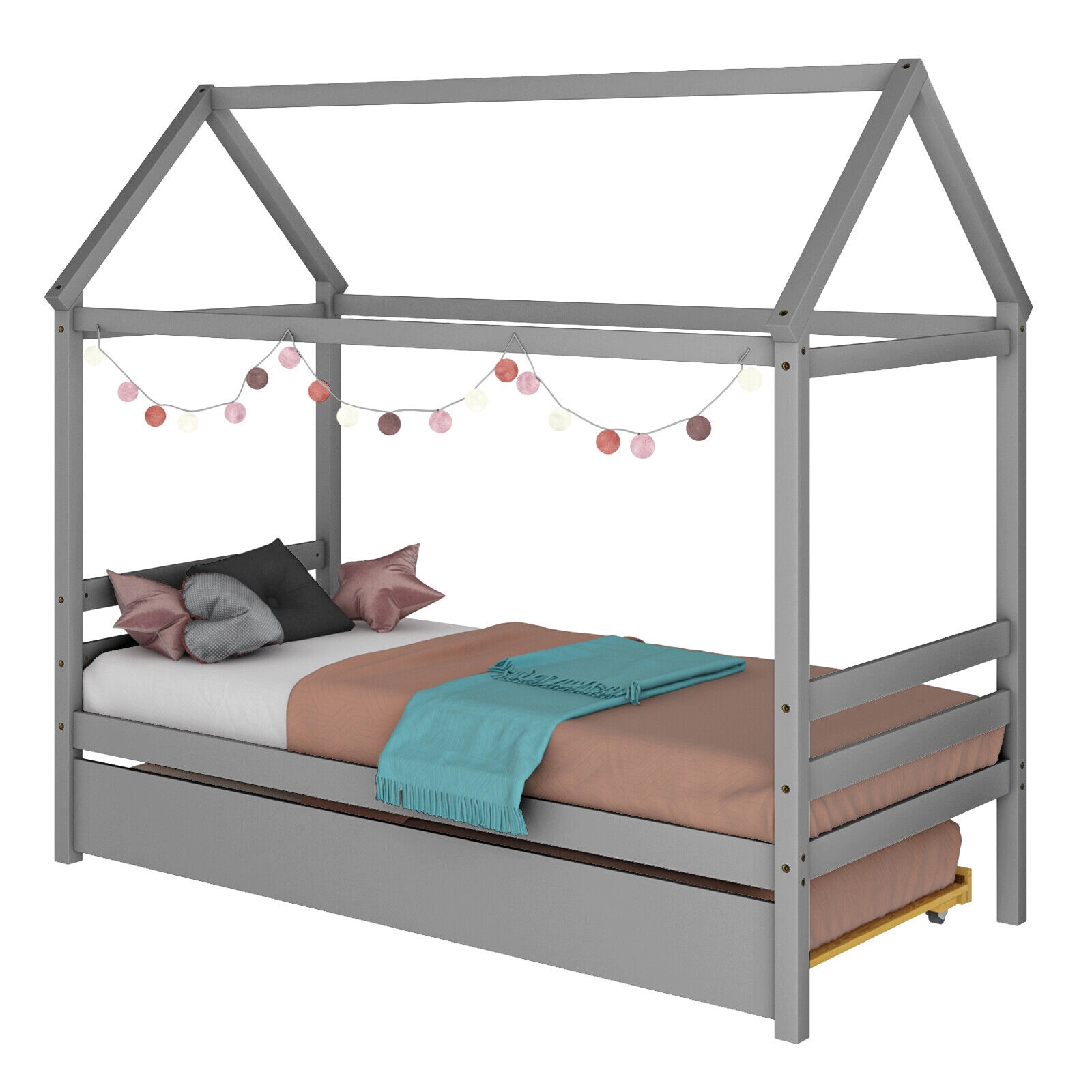 SUGIFT Gray Roof and Pull-Out Trundle Twin Size Kids House Bed Frame