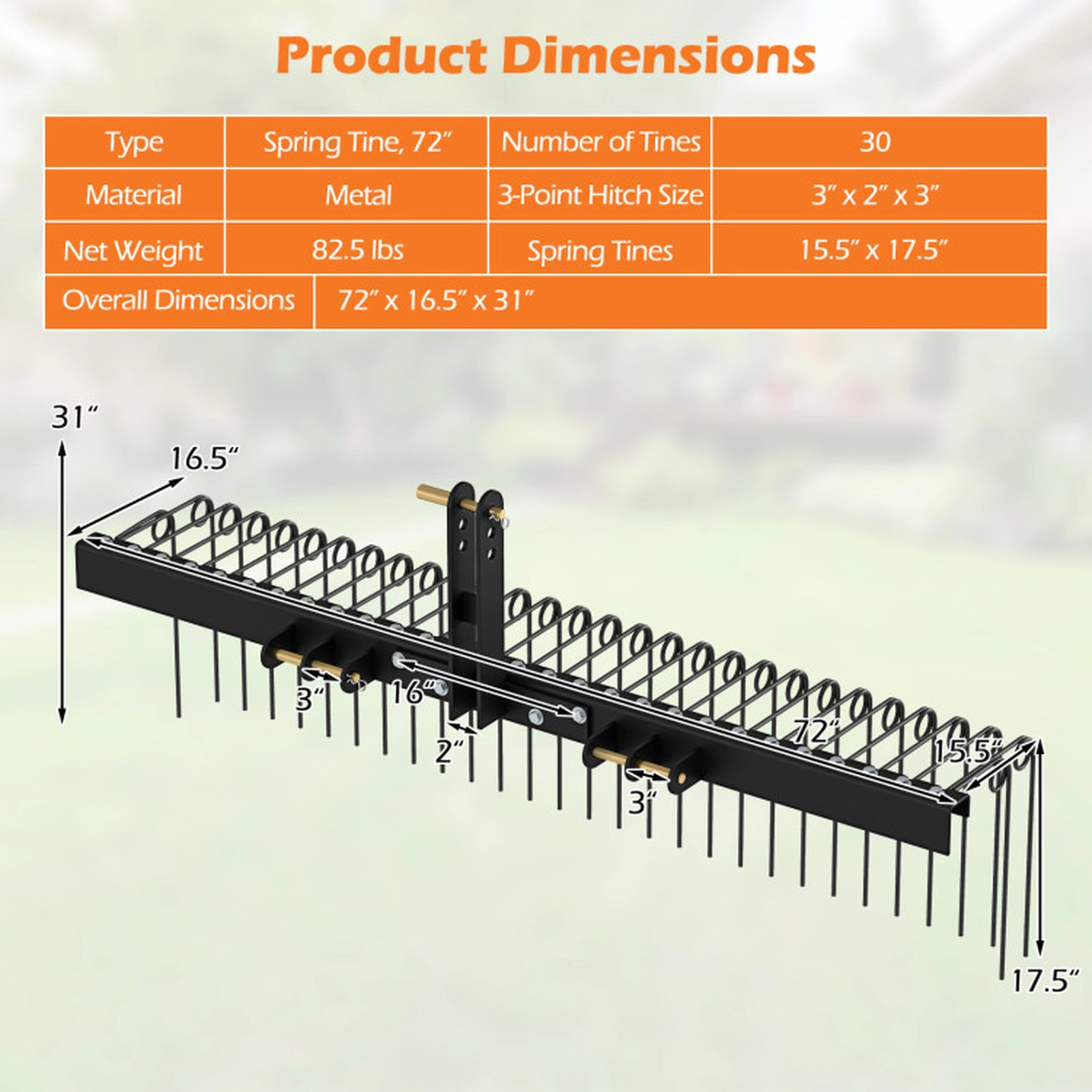 SUGIFT Black Metal Tow Behind Pine Straw Rake with 30 Adjustable Coil Tines 72-in W 16.5-in D 31-in H