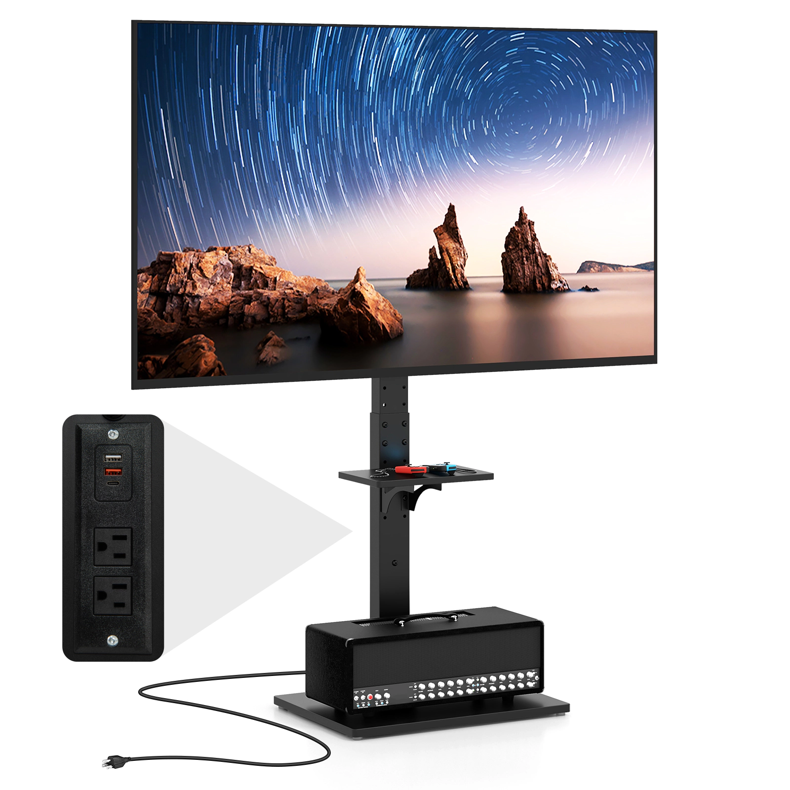 SUGIFT Tilt and Height Adjustable Floor TV Stand with Power Outlet and AV Shelf 110-lb Capacity Black