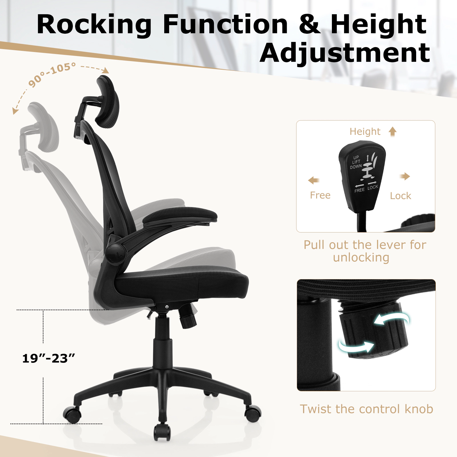 SUGIFT Mesh Office Chair with Adjustable Height Headrest Lumbar Support Flip-Up Armrests and Rocking Function 26