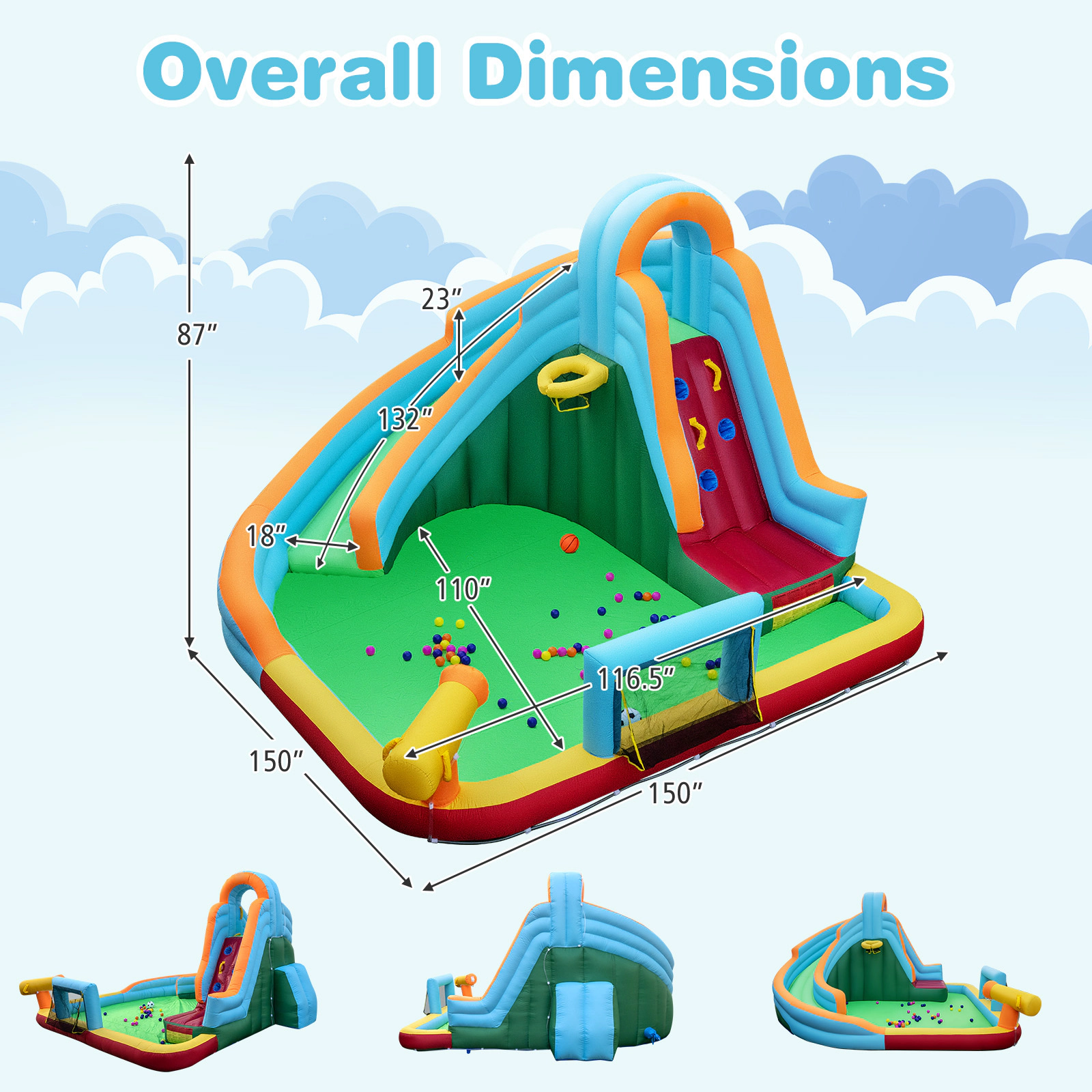 SUGIFT 132 in Slide No Blower 6-in-1 Kids Inflatable Water Slide Park Giant Bounce House