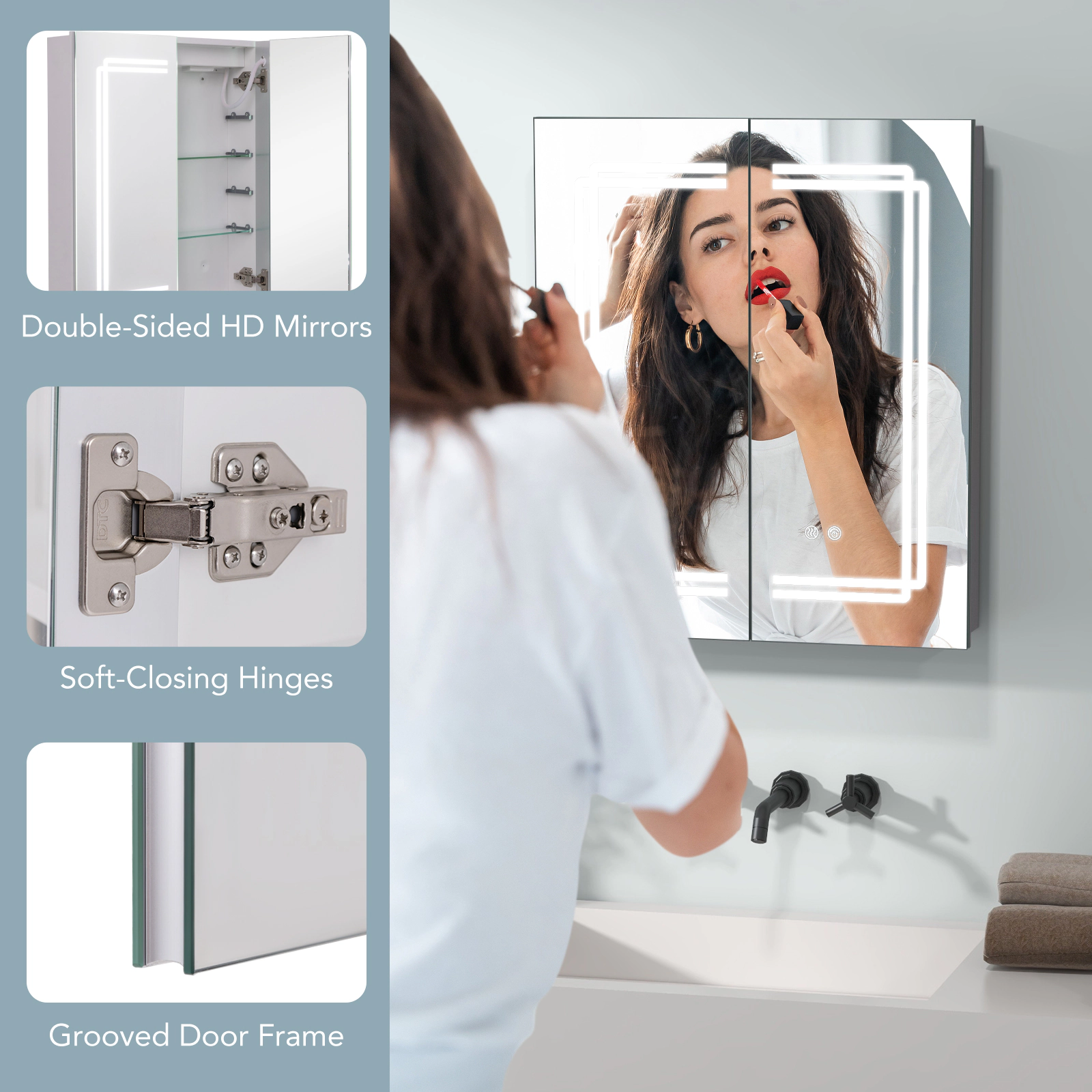 Slickblue LED Bathroom Medicine Cabinet with 2 Mirror Doors and Adjustable Glass Shelves
