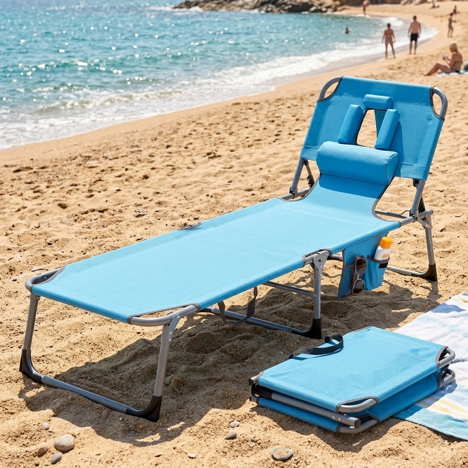 SUGIFT Folding Tanning Lounge Chair, Adjustable Recliner with Face and Arm Slots, Navy