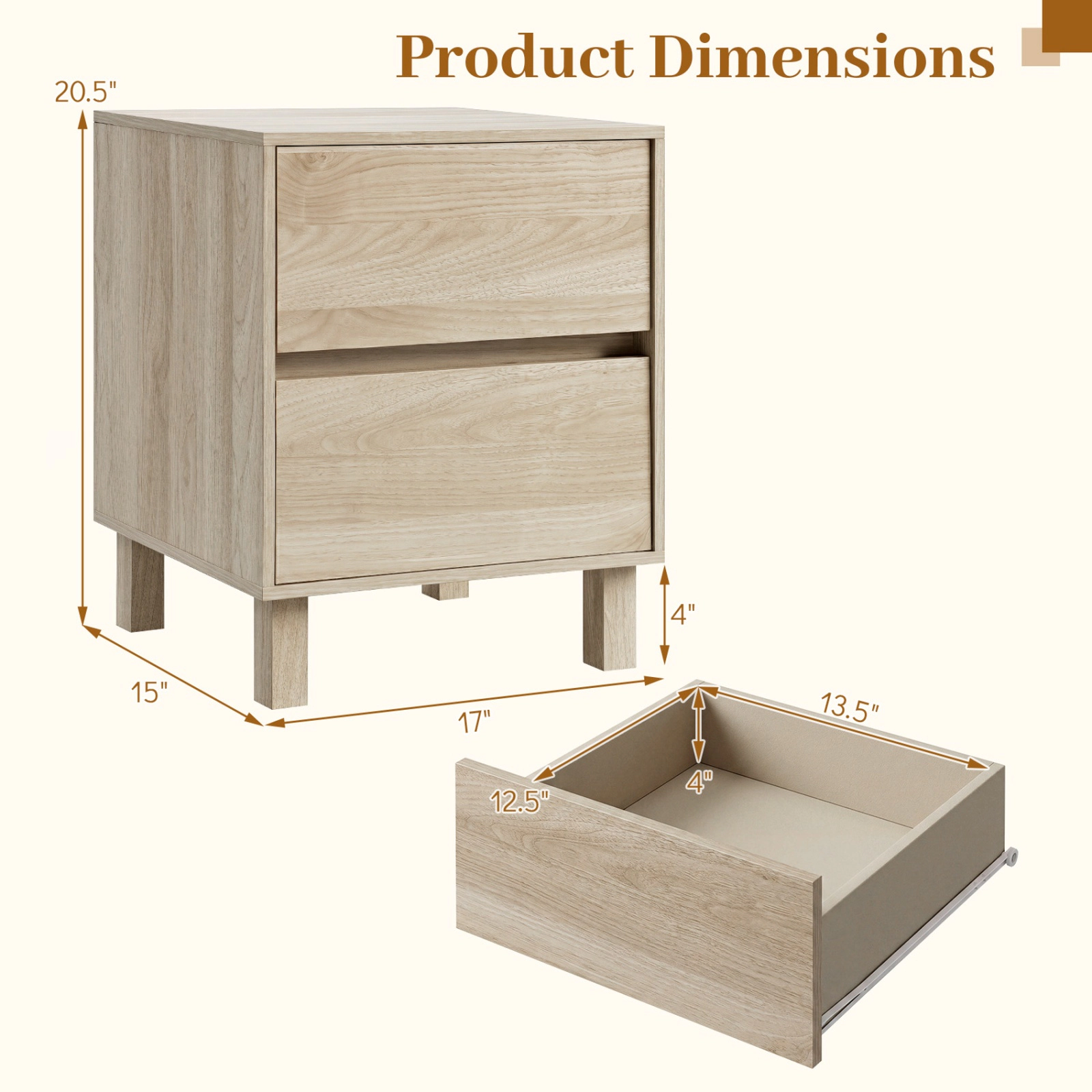 SUGIFT Set of 2 Modern Wooden End Tables with 2 Storage Drawers 22-lb Top Capacity Natural