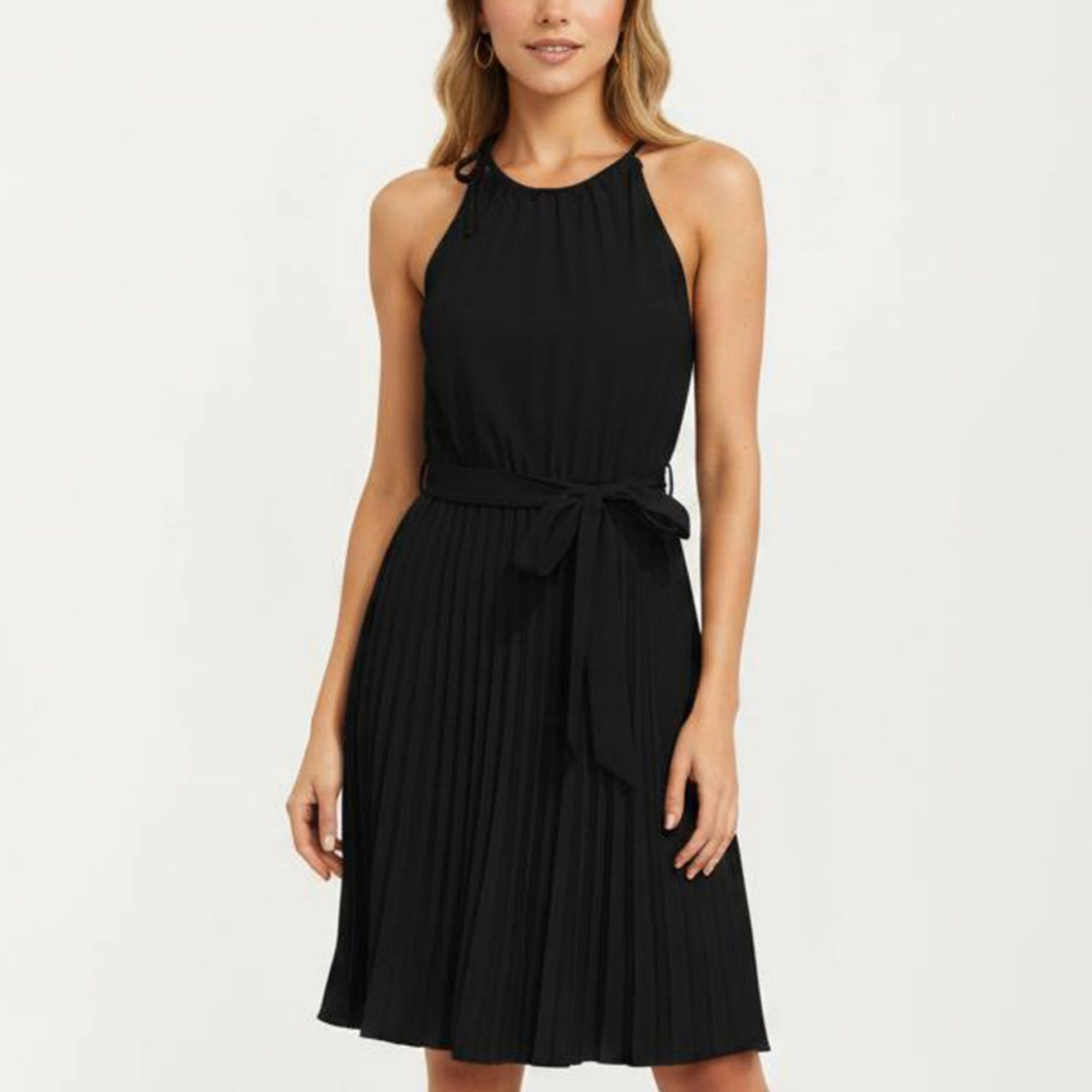 Anna-Kaci Women's Sleeveless Halter Midi Dress with Pleated Skirt and Waist Tie