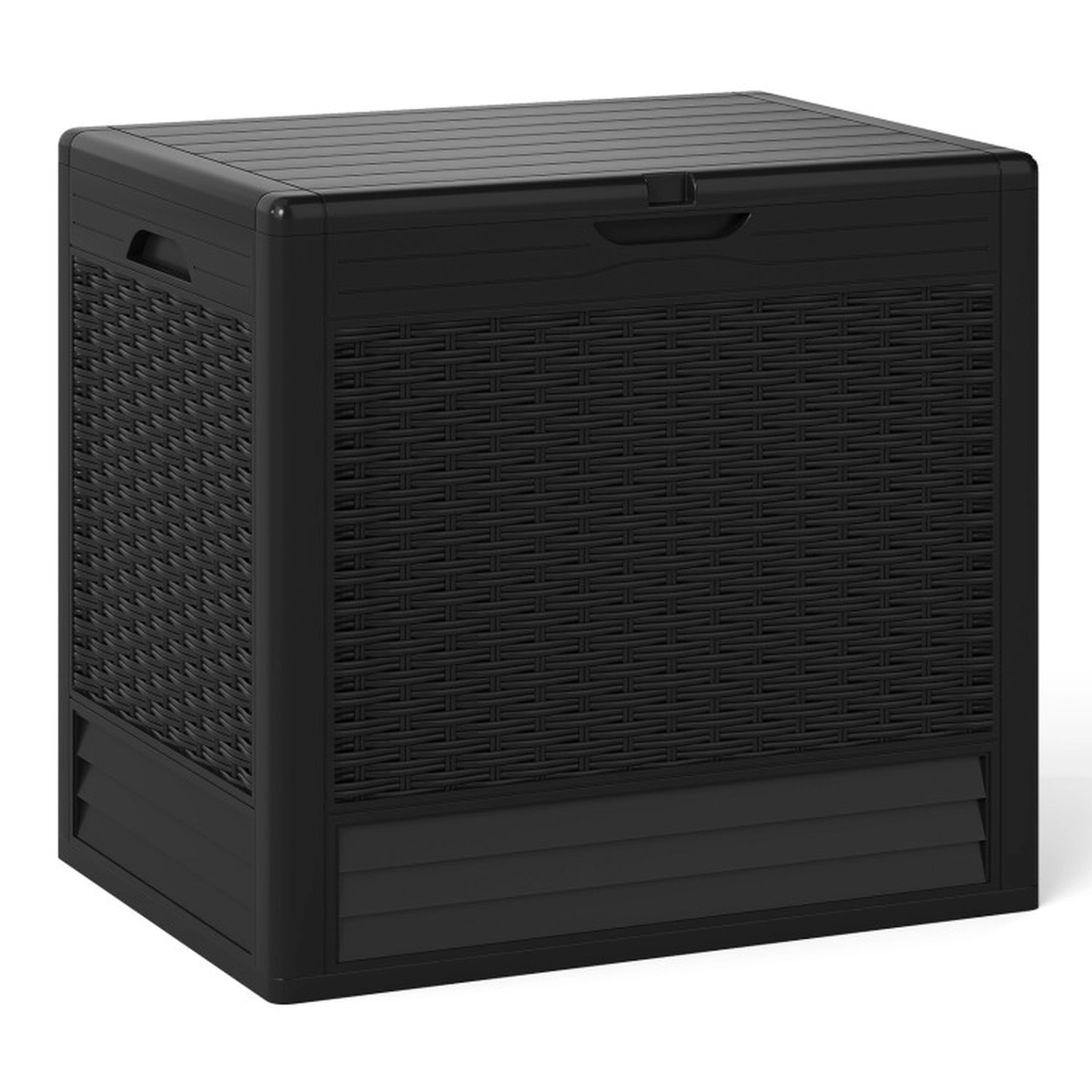 SUGIFT 25 Gallon Outdoor PP Storage Box with Rattan Patterns 180-lb Capacity 23-in Long Deck Box Side Table Seat Black