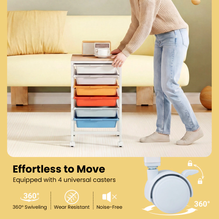 Hivvago 6-Drawer Rolling Storage Cart with Wooden Tabletop