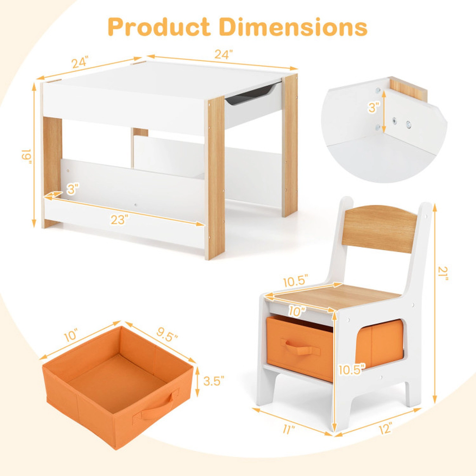 SUGIFT Natural Reversible Top and Fabric Bins Kids 4-in-1 Activity Table and 2 Chairs Set