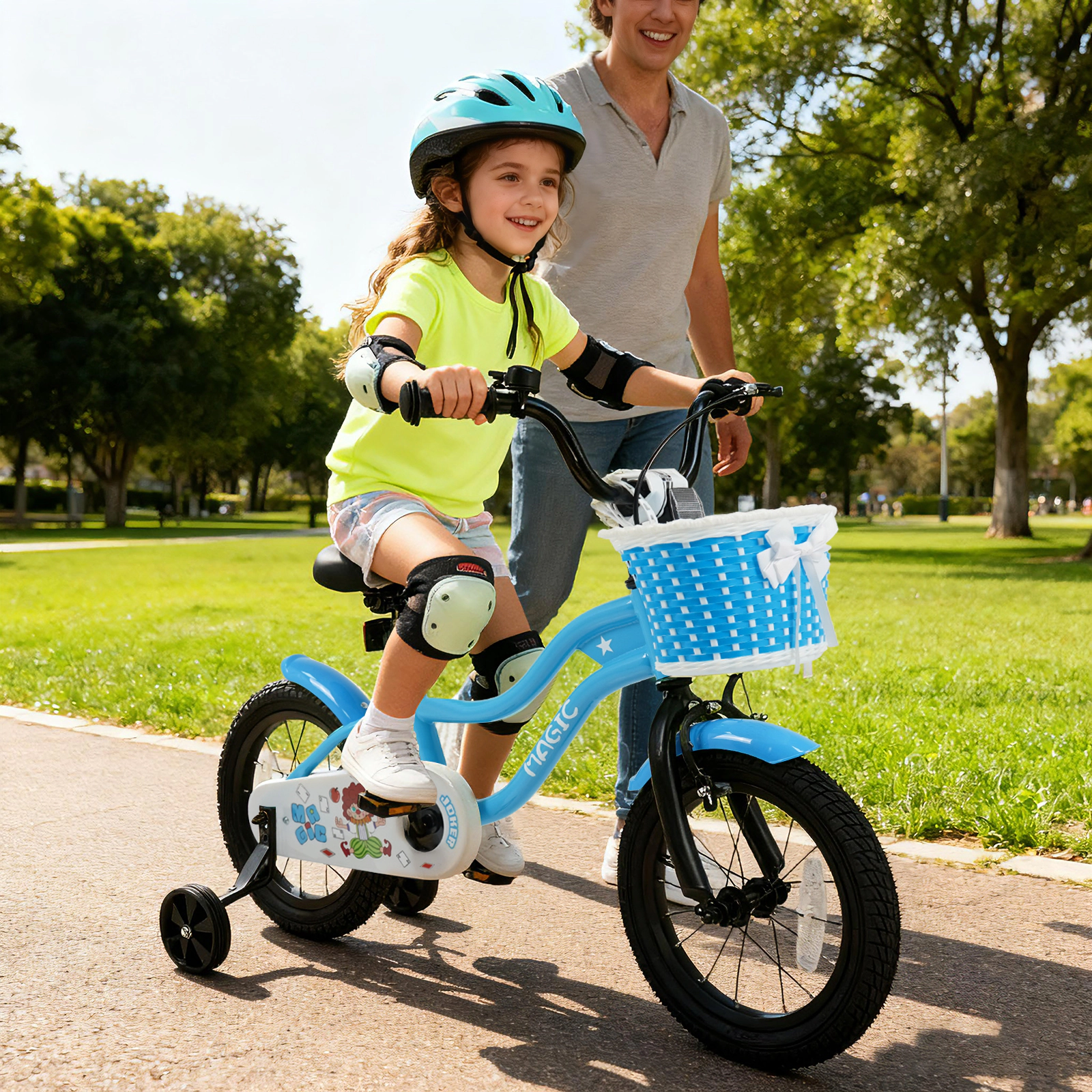 14-in Kids Bike Navy Training Wheels Removable Basket Ages 3-5 Toddler Bicycle Enclosed Chain Guard 110-lb Capacity