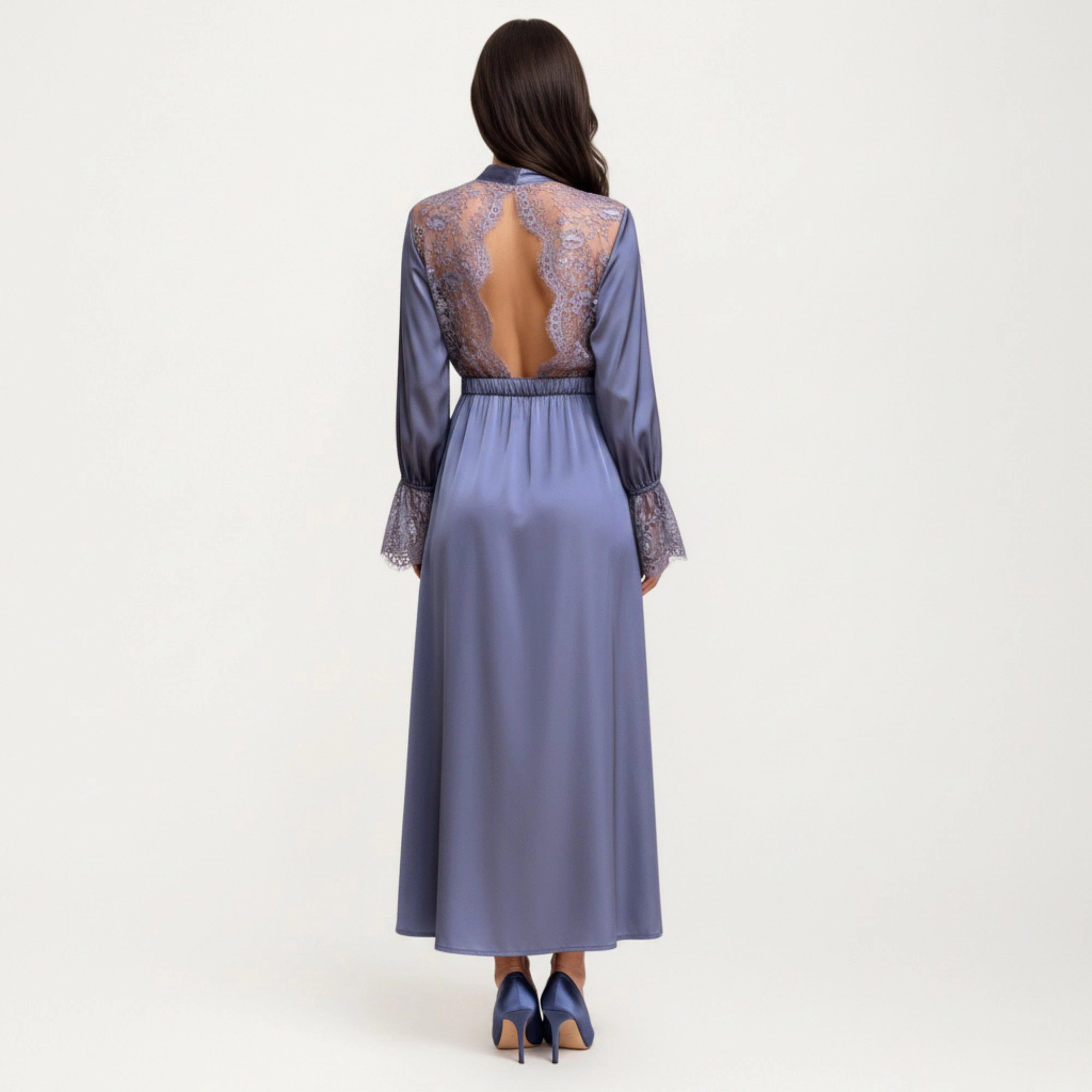 Anna-Kaci Women's Satin Wrap Robe Dress Long Sleeves Lace Cuff Detail and Adjustable Tie Waist Flowy Maxi Silhouette