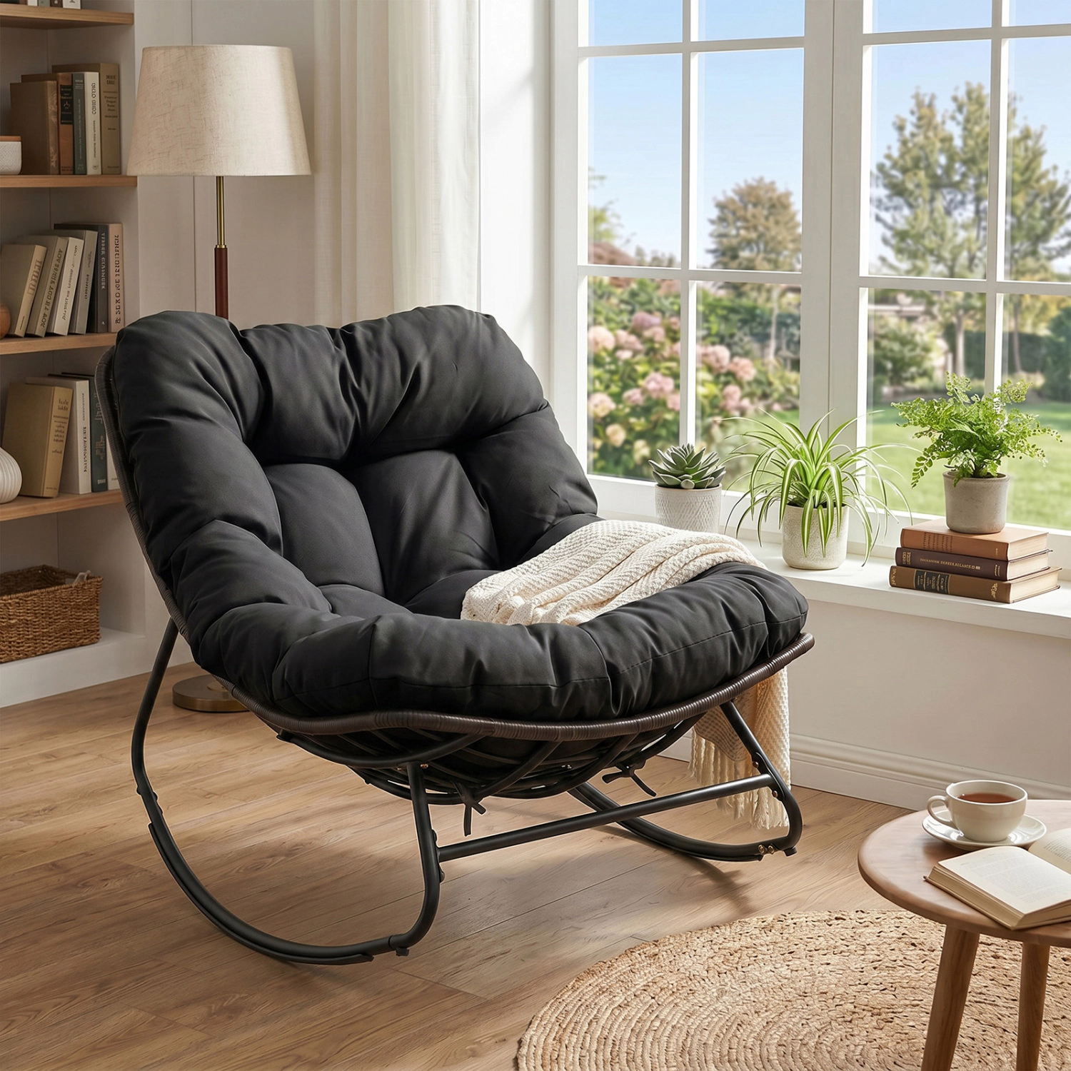 LJG Outdoor Papasan Rocking Chair with Thick Cushion and Pads