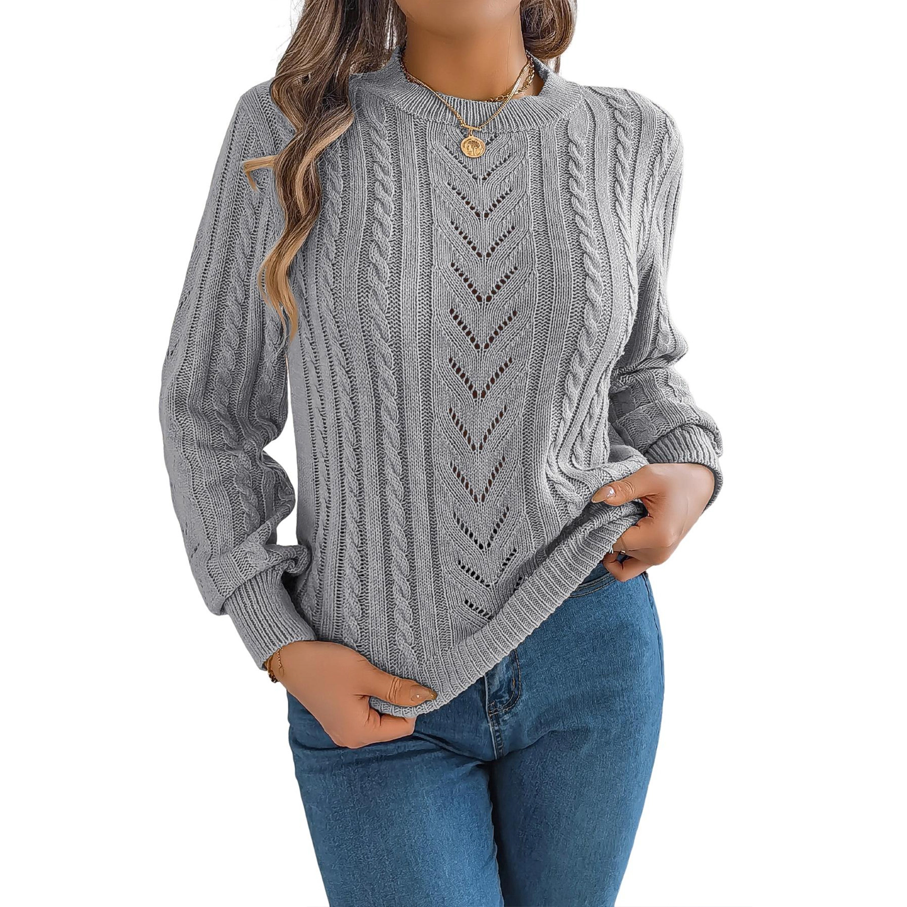 YesFashion Women's Cable Knit Sweaters Crewneck Lantern Long Sleeve Fall Winter Pullovers