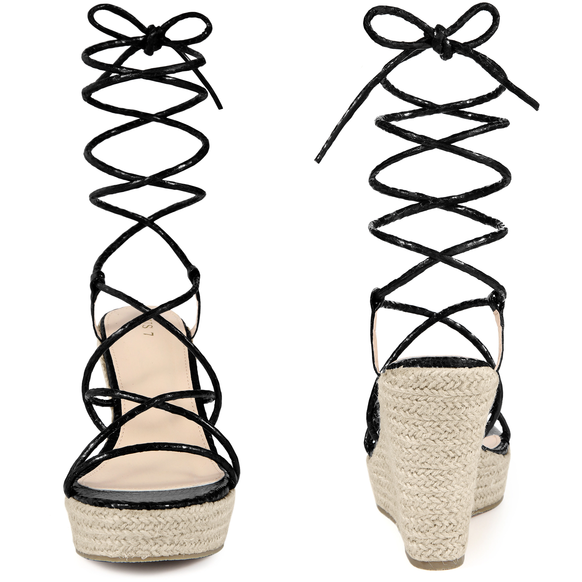 BLISSFUL STEP Women's Strappy Lace Up Snake Print Espadrilles Wedges Sandals