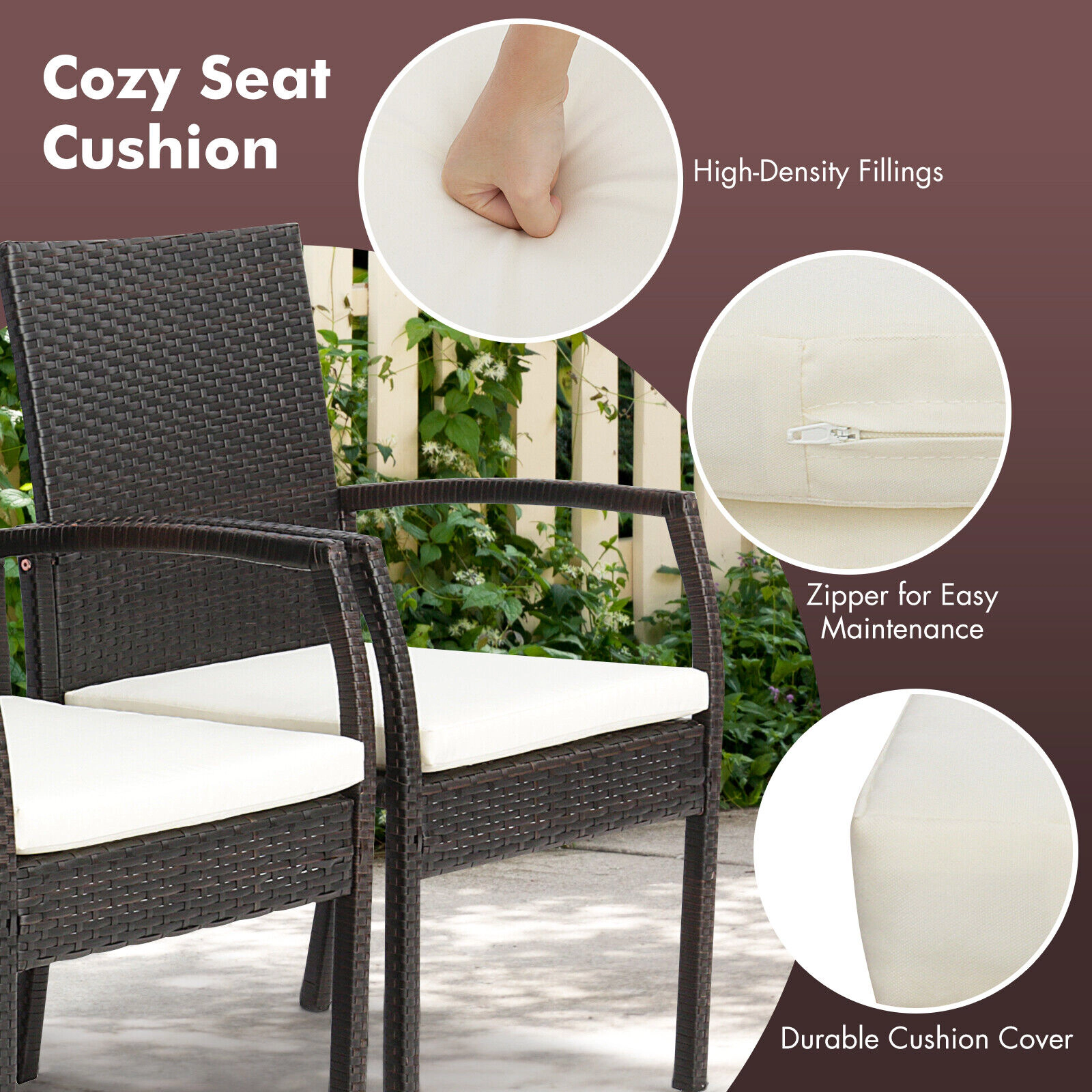 SUGIFT Set of 4 Brown Hand-Woven PE Wicker Outdoor Patio Dining Armchairs with Zippered Seat Cushions