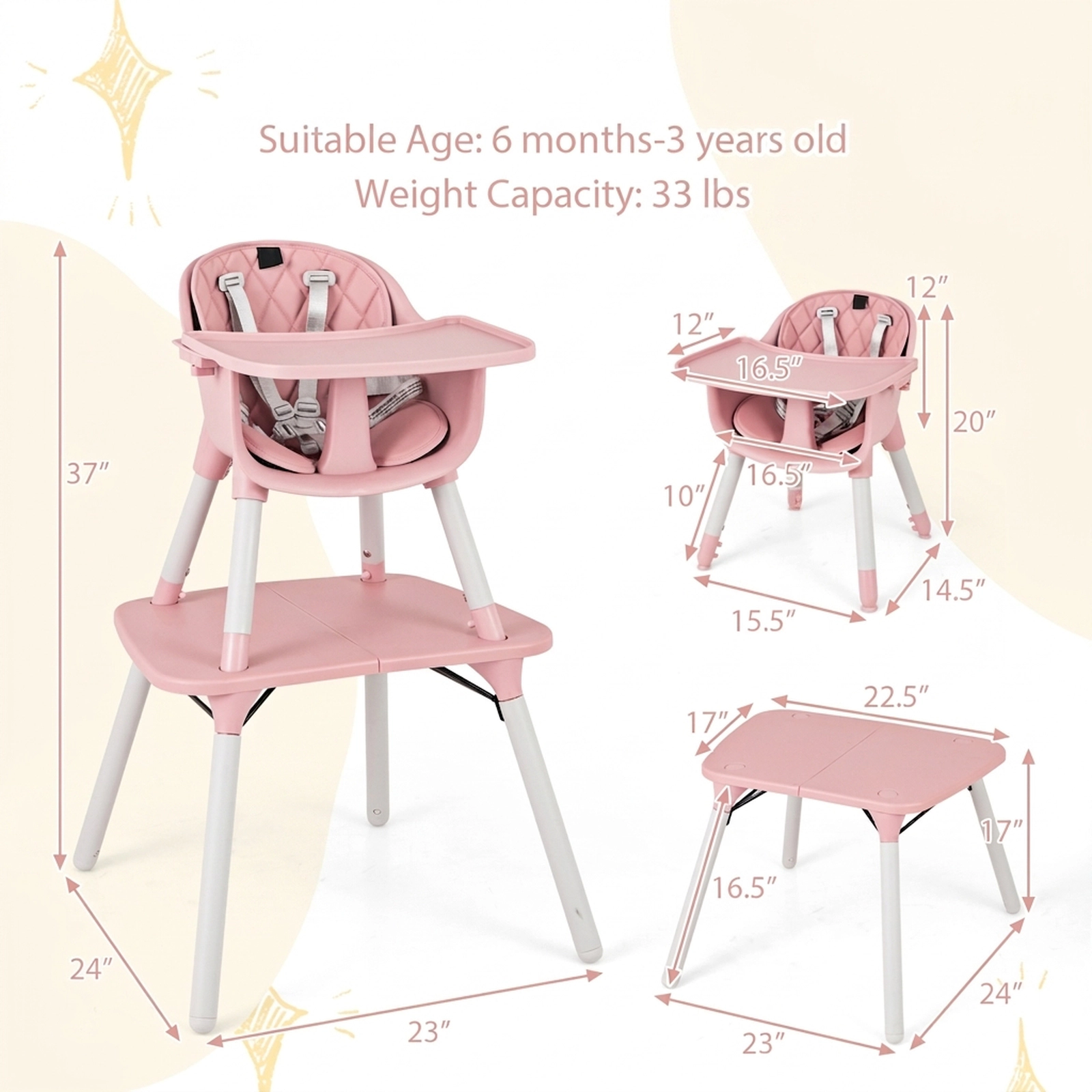 4-in-1 Lightweight Baby High Chair and Toddler Table and Chair Set 2-Position Adjustable Tray Removable PU Cushion